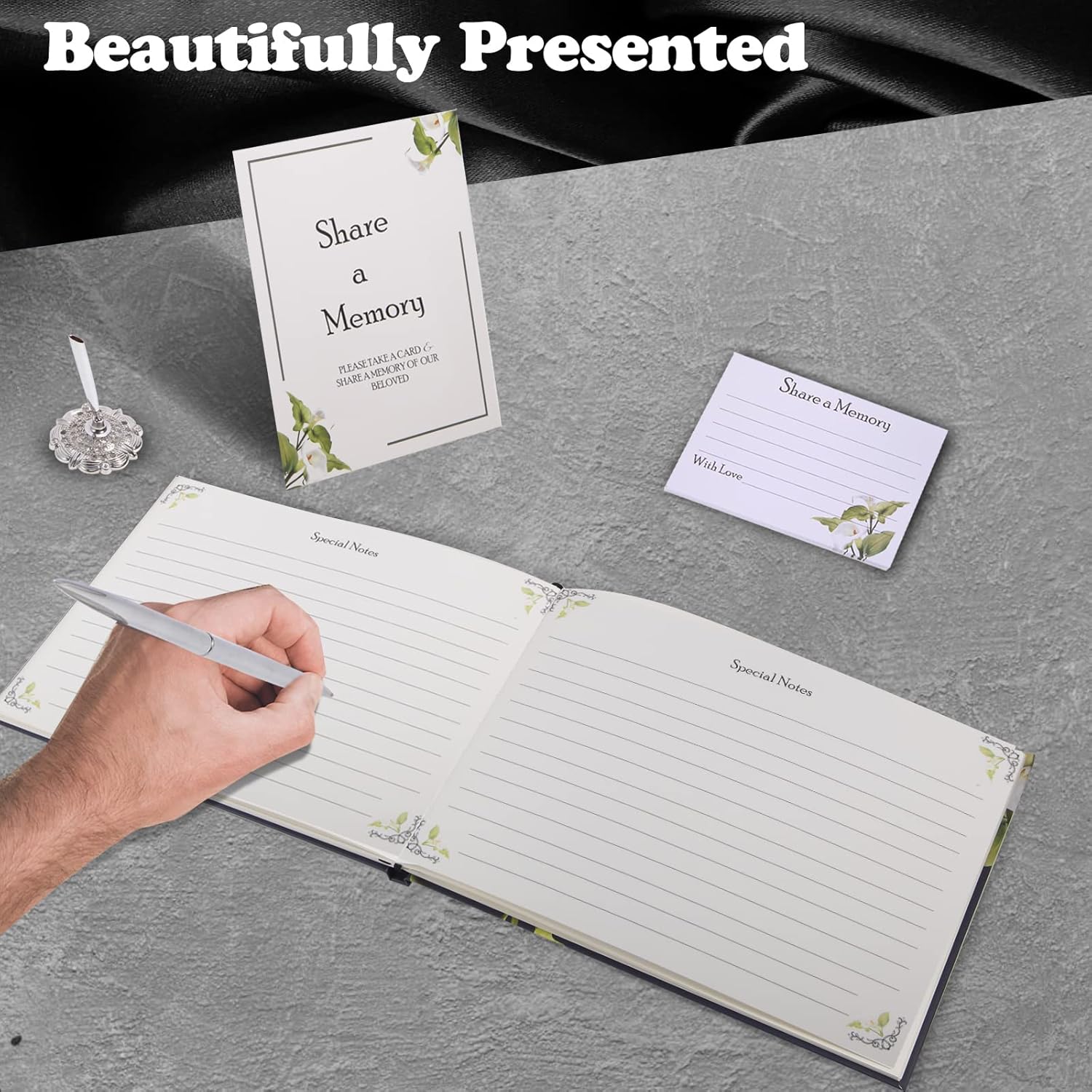 Lily Funeral Guest Book Set with Memory Cards and Silver Pen