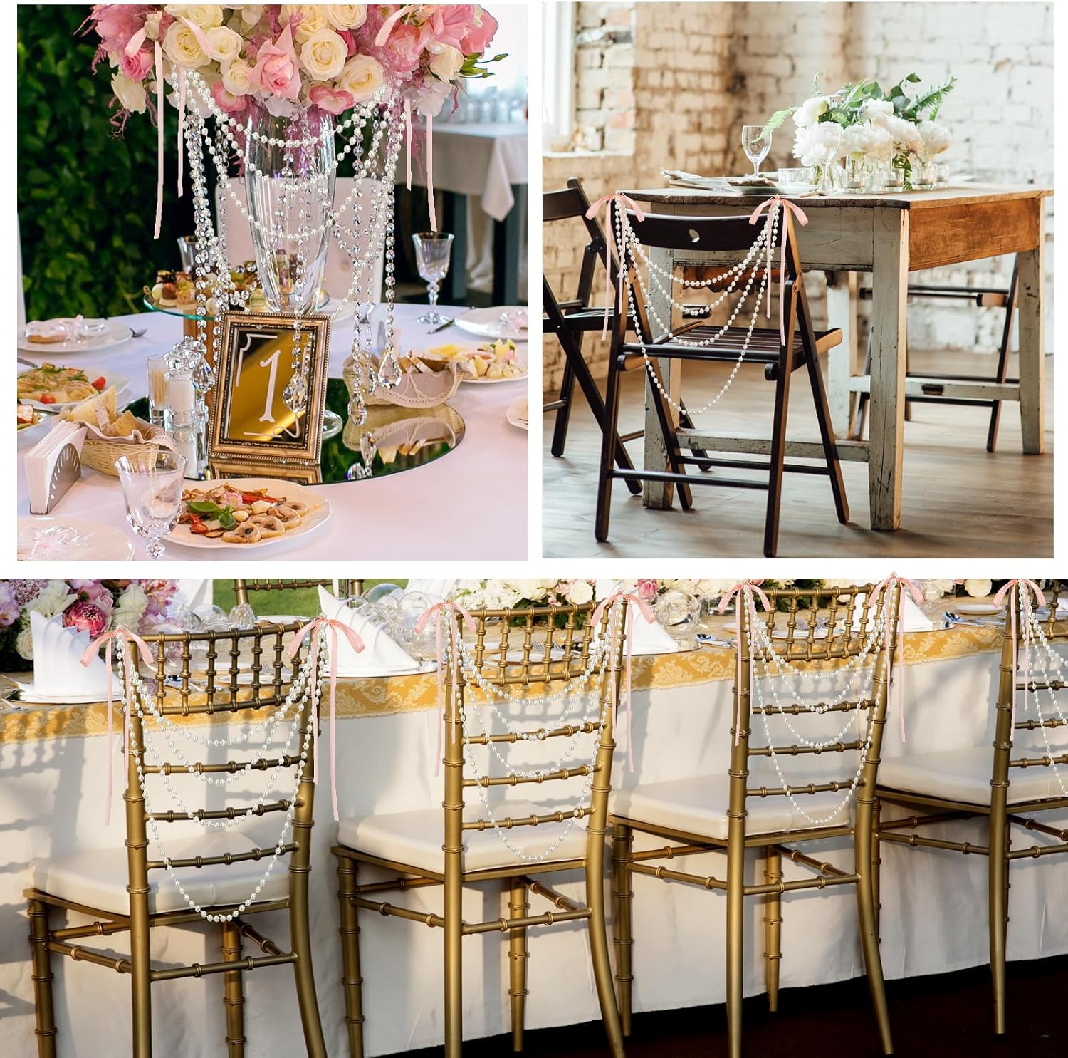 Elegant Wedding Pearl Bow Chair Decor Satin Ribbon Garland