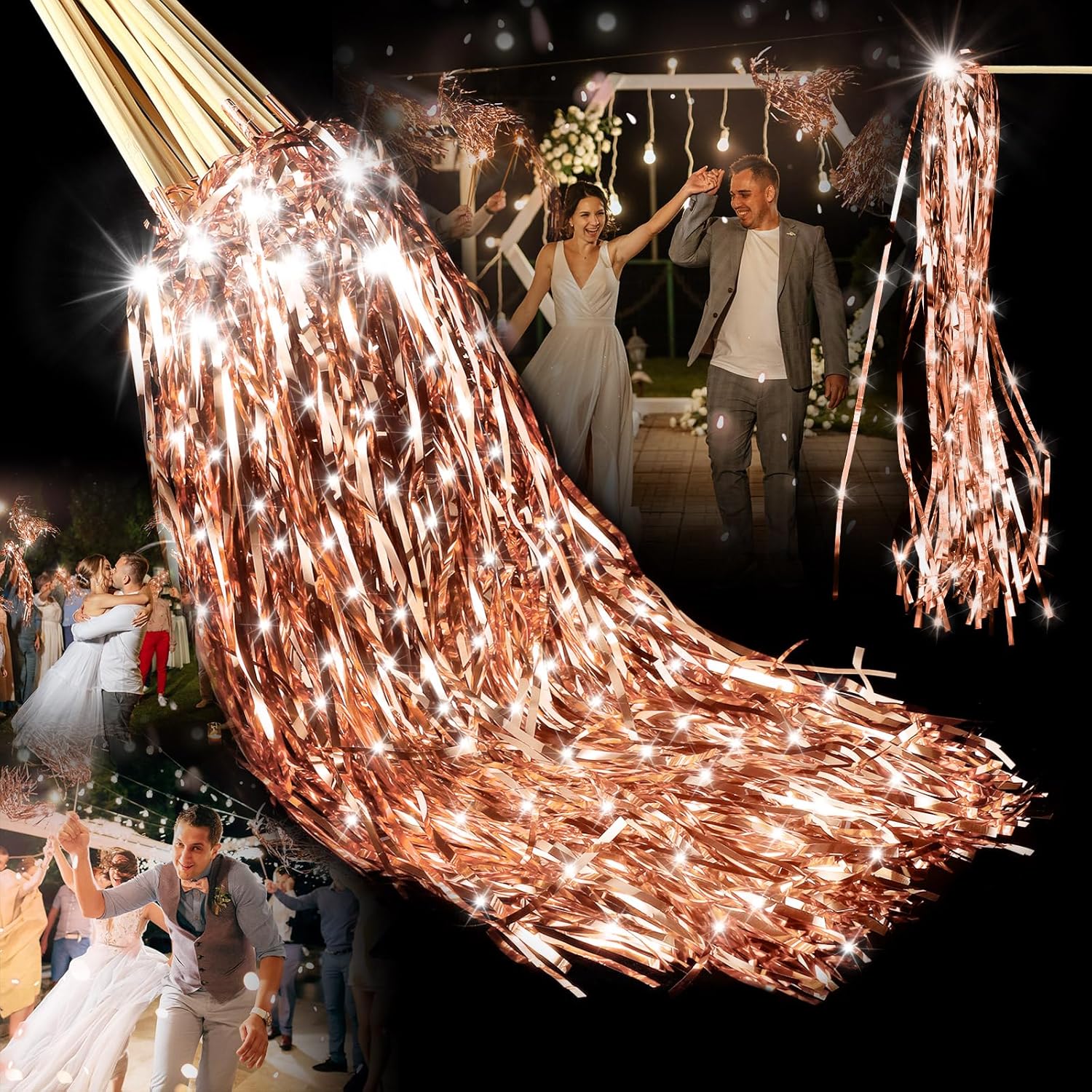 24 Pcs Lighted Wedding Wands with Rose Gold Tinsel