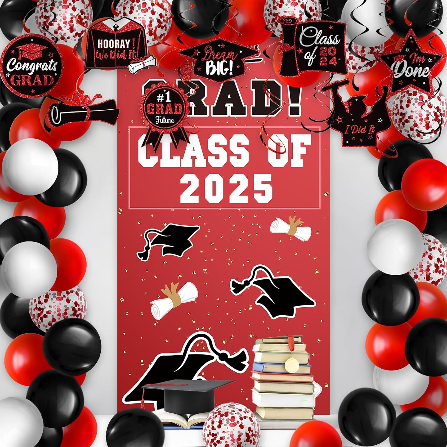 Red Graduation Party Decorations Set with Banners Balloons