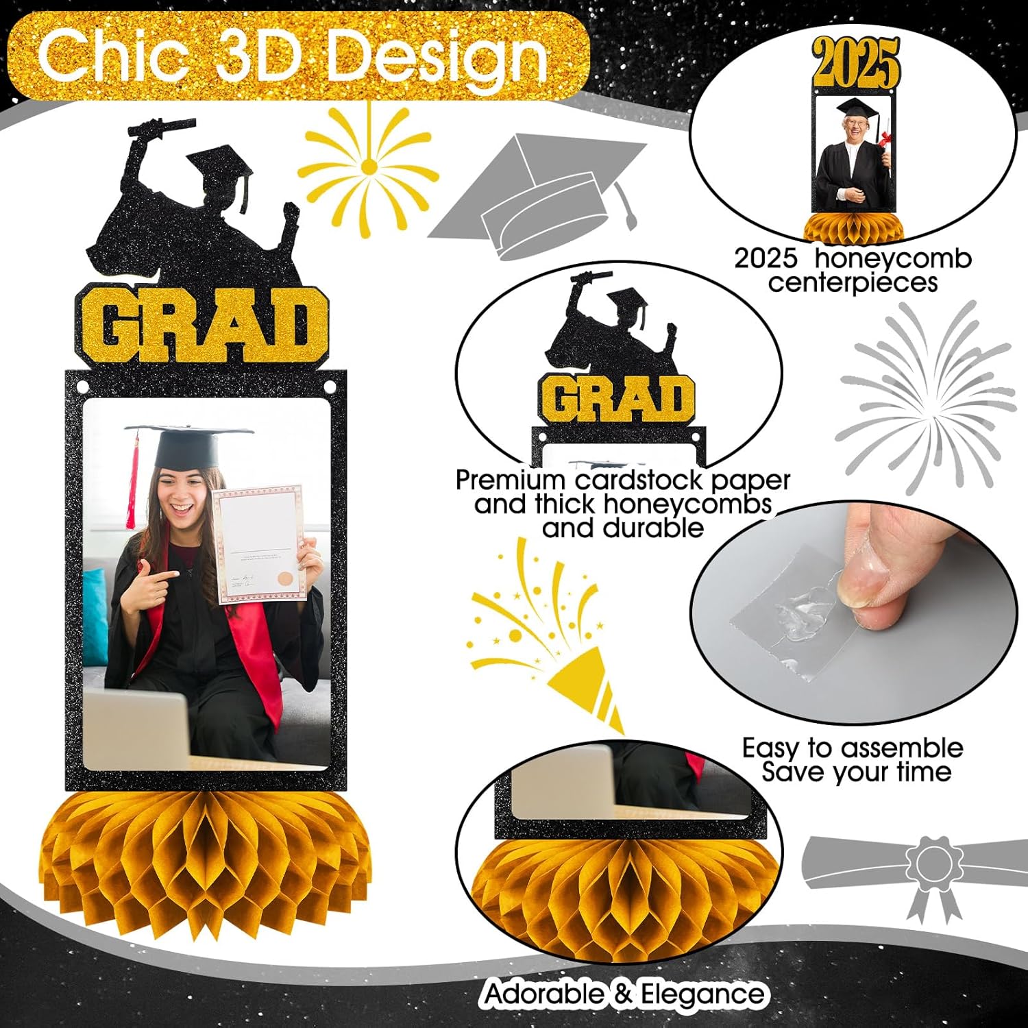 Gold Graduation Centerpieces Set 9 Pcs for Class of 2025