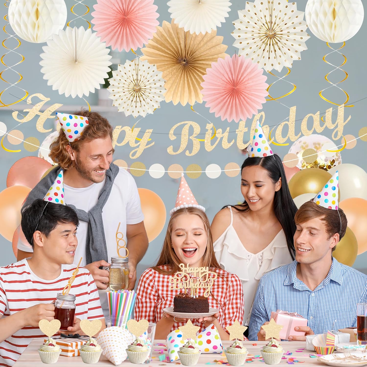 Crenics Champagne Gold Birthday Decorations Party Set