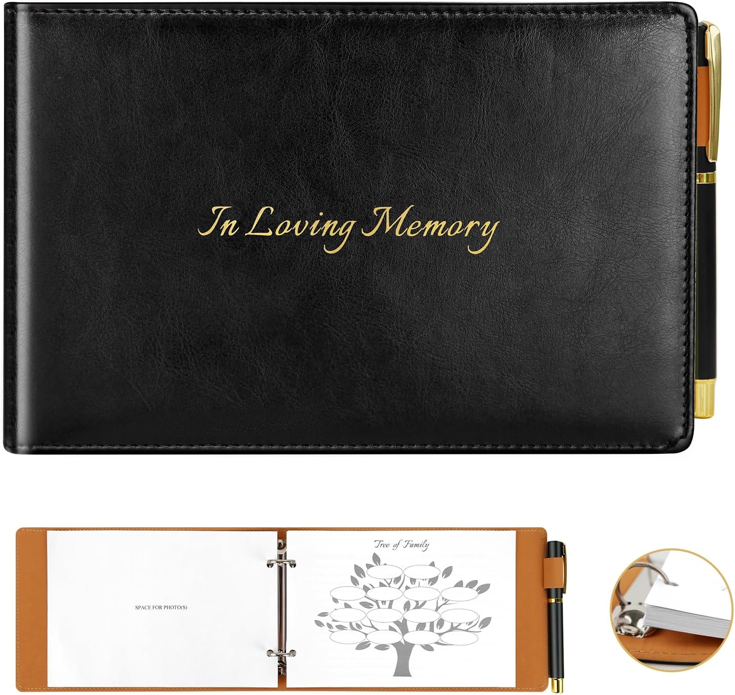 Dapsang Black Leather Funeral Guest Book with Pen 120 Pages Loose Leaf