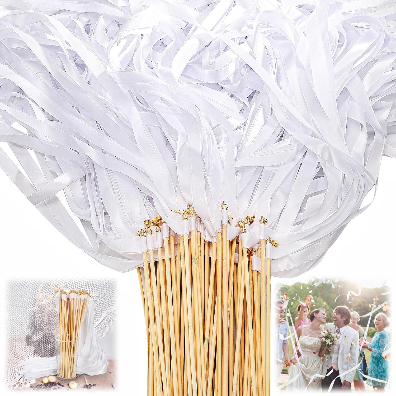 100 Pcs Wedding Ribbon Wands with Bells