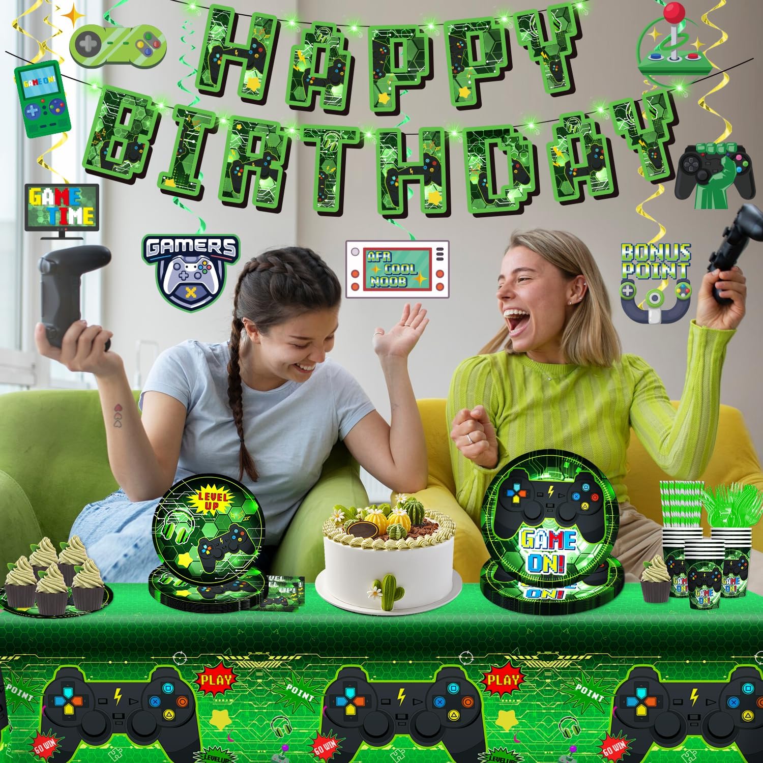 159 Pcs Video Game Birthday Decorations Set Green