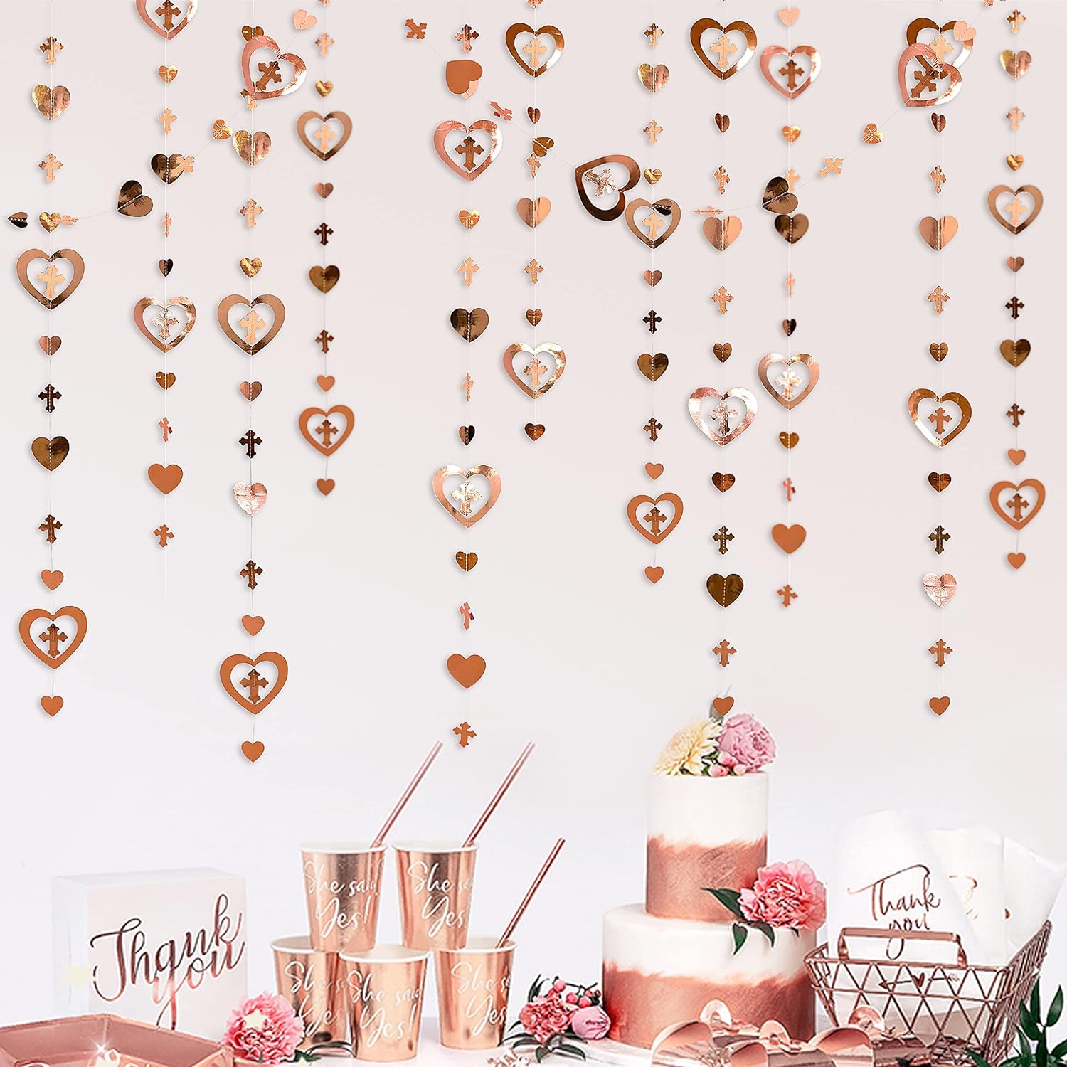 40 Ft Rose Gold Cross Heart 3D Garland Streamer Decor