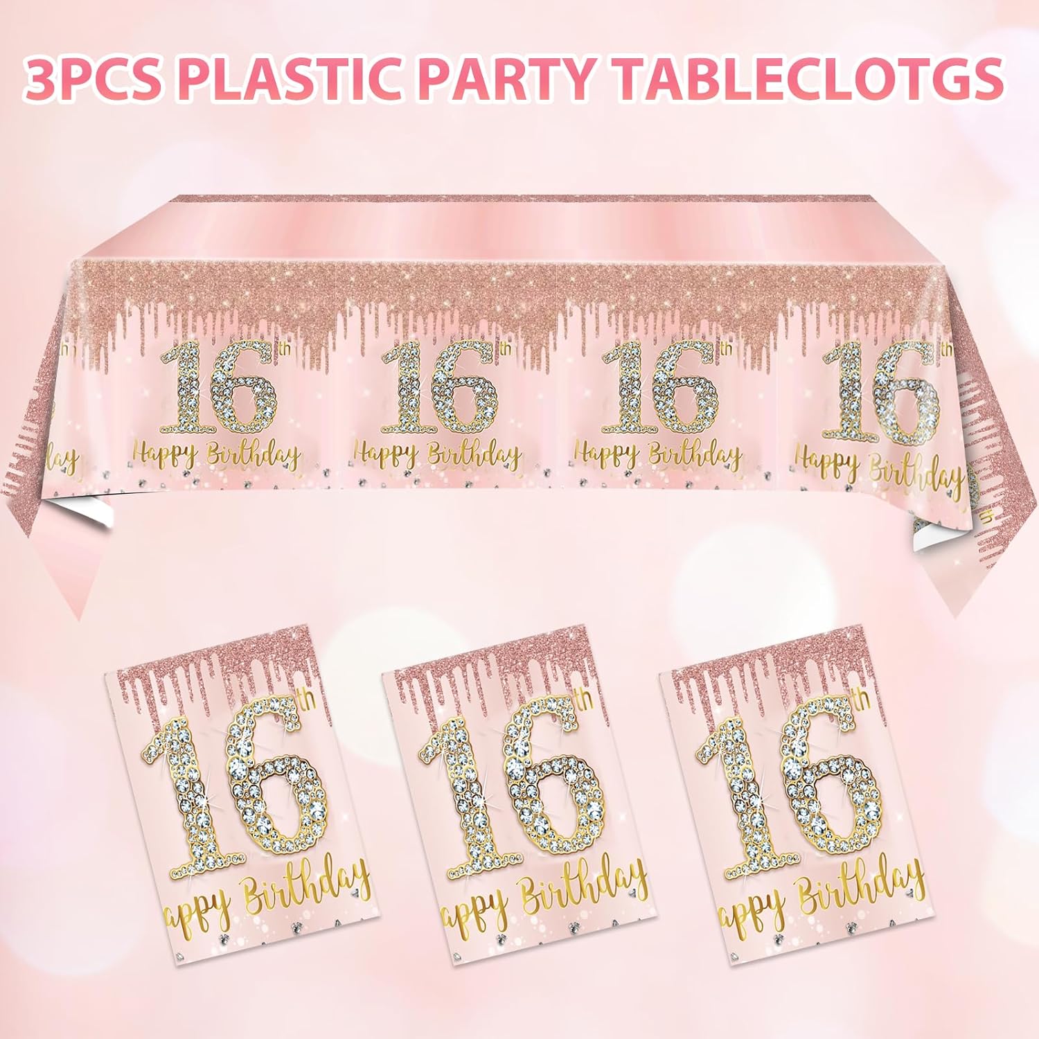 Sweet Rose Gold 3 Pack 16th Birthday Tablecloths