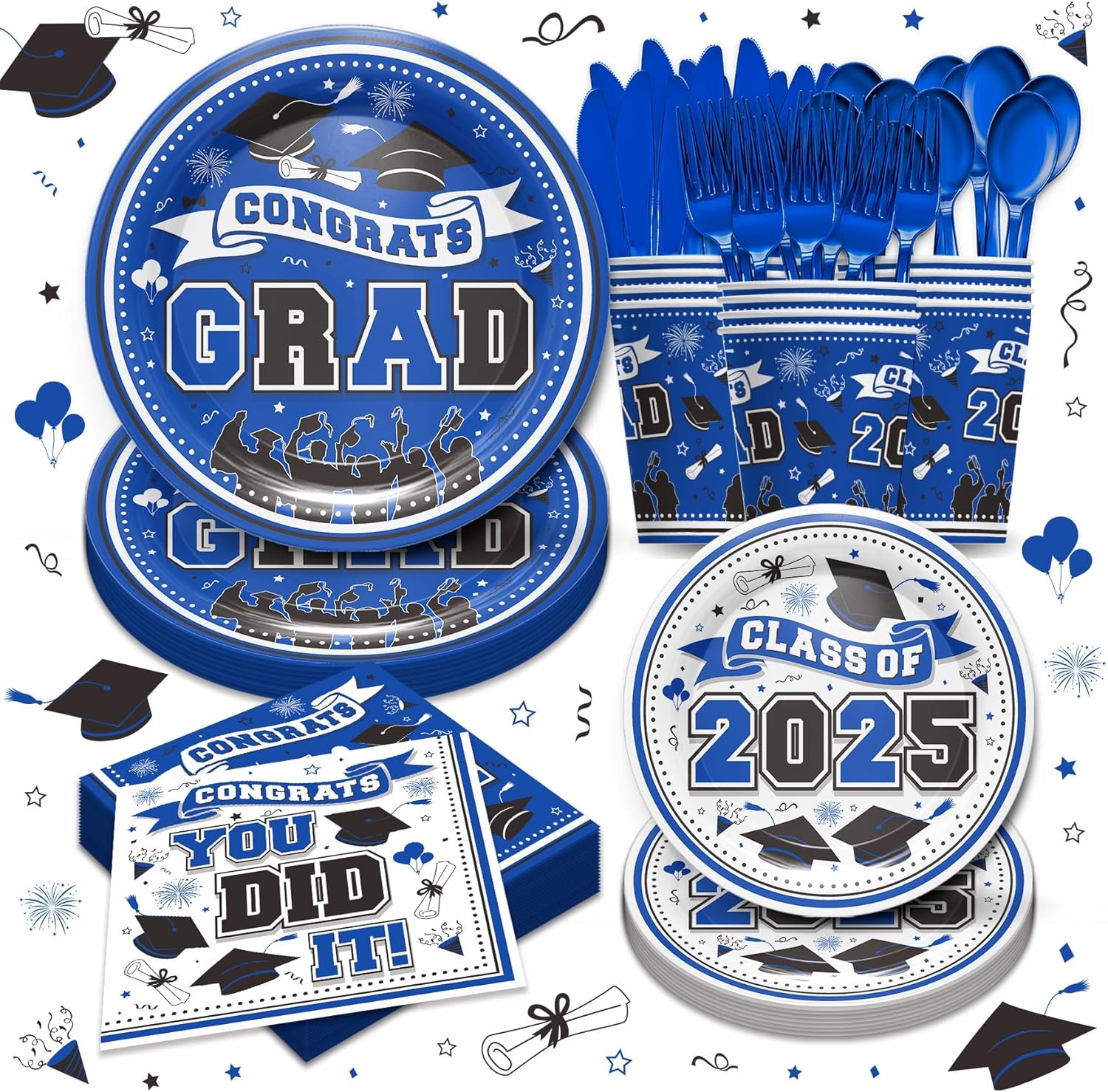 Graduation 2025 Blue Themed Party Tableware Set for 24 Guests