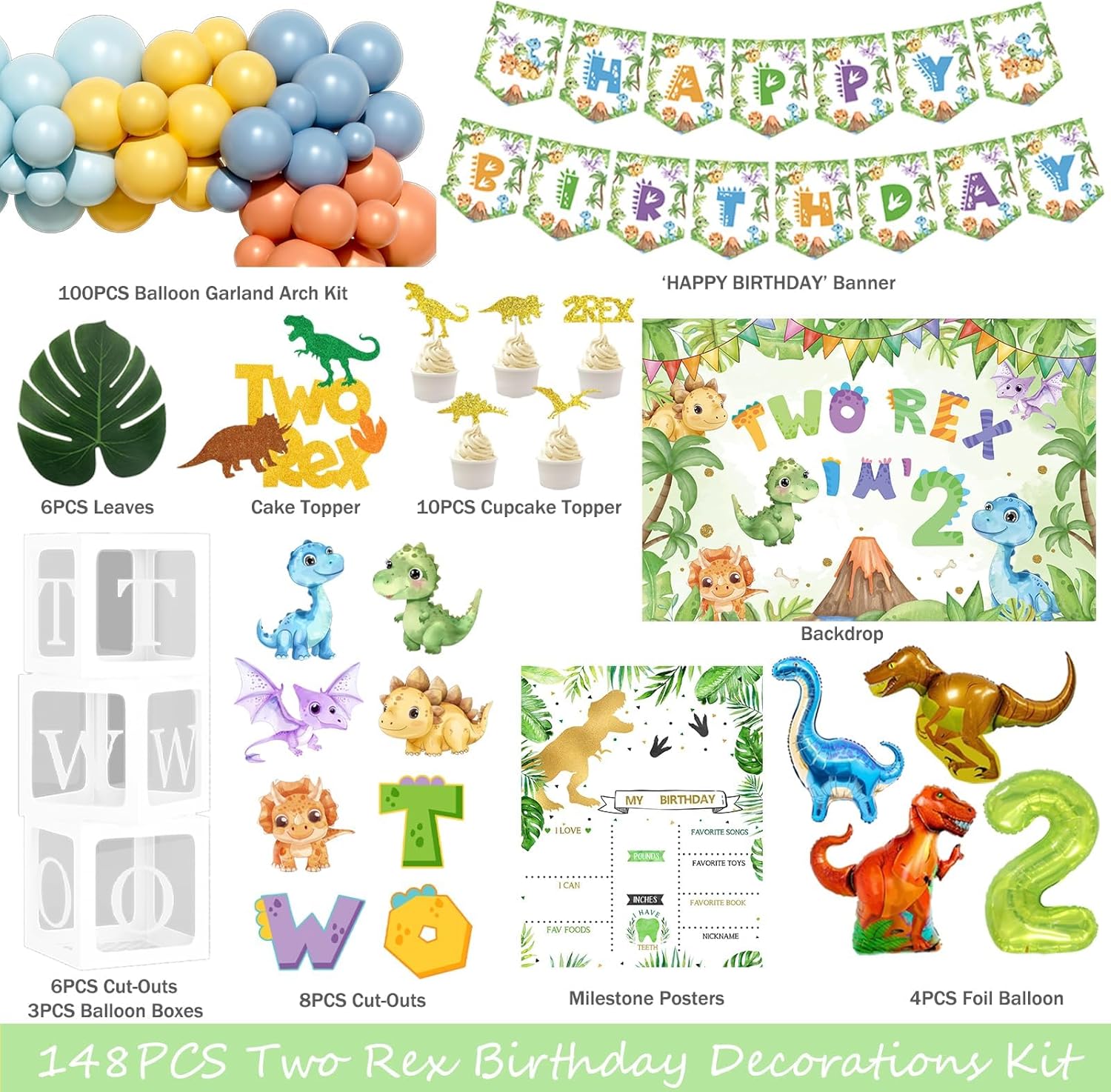 Fiesec Two Rex Birthday Decorations for Boys