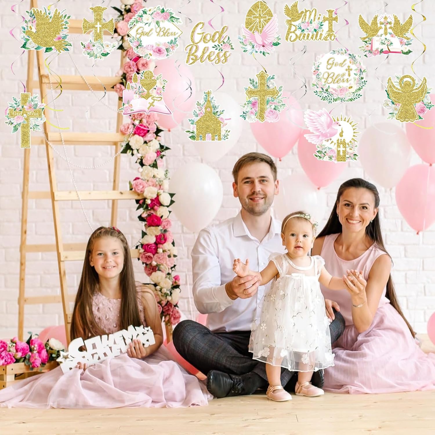 36 Pcs Pink Floral Cross Hanging Streamers Decor Set