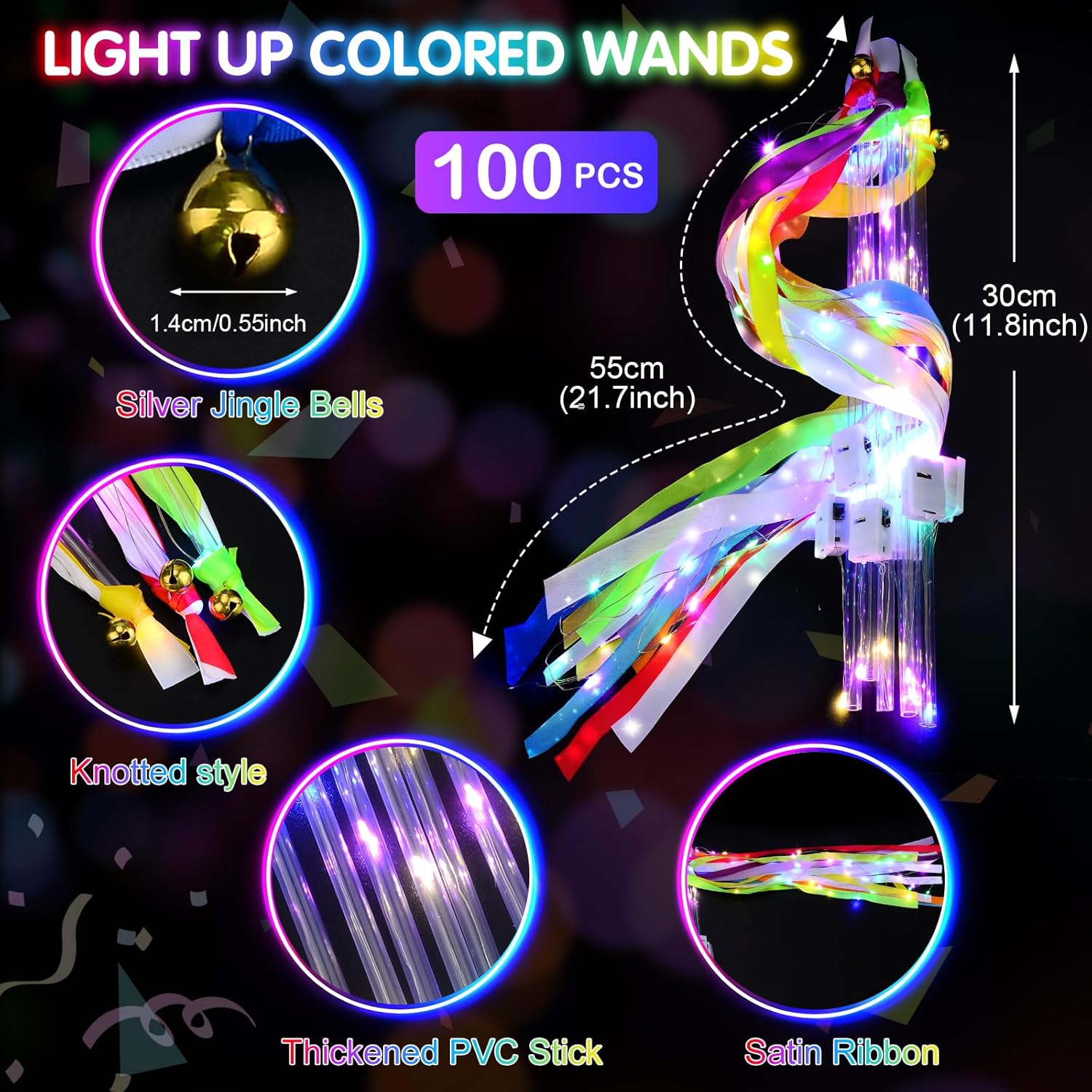 SHQDD 100 PCS Light Up Wands with Bells and Flashing Modes