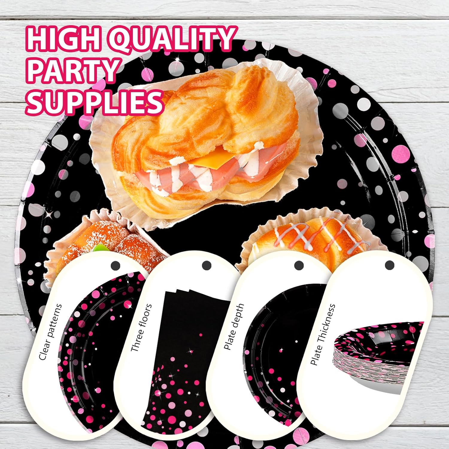 96 Pcs Hot Pink and Black Party Supplies Set