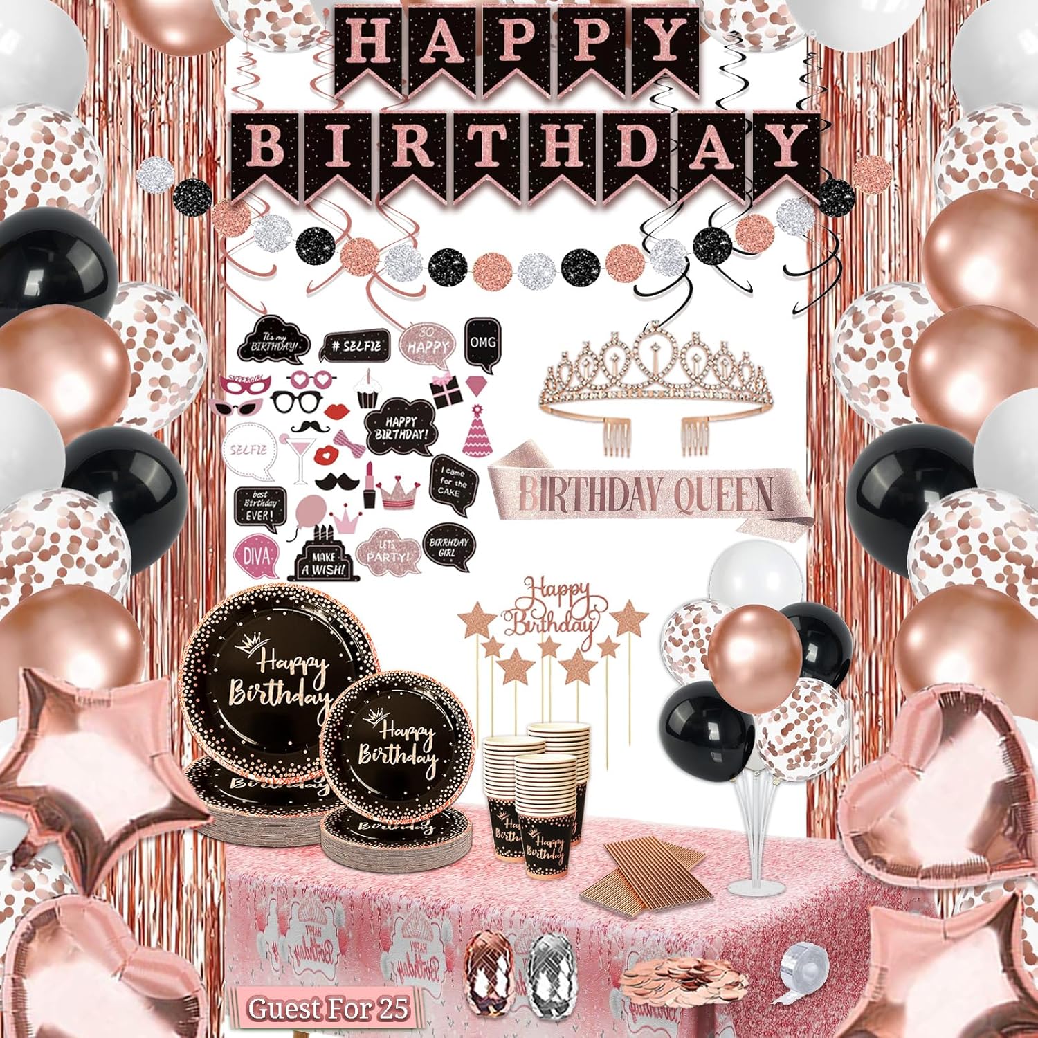 207 Pcs Rose Gold Black Birthday Decorations for Women