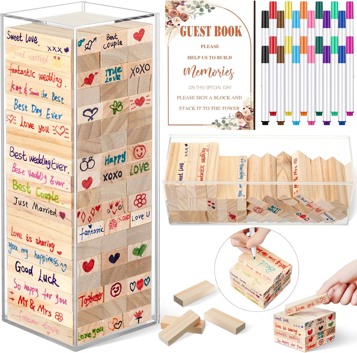Beeveer 80 Pcs Wooden Block Guest Book Set for Wedding Sign In