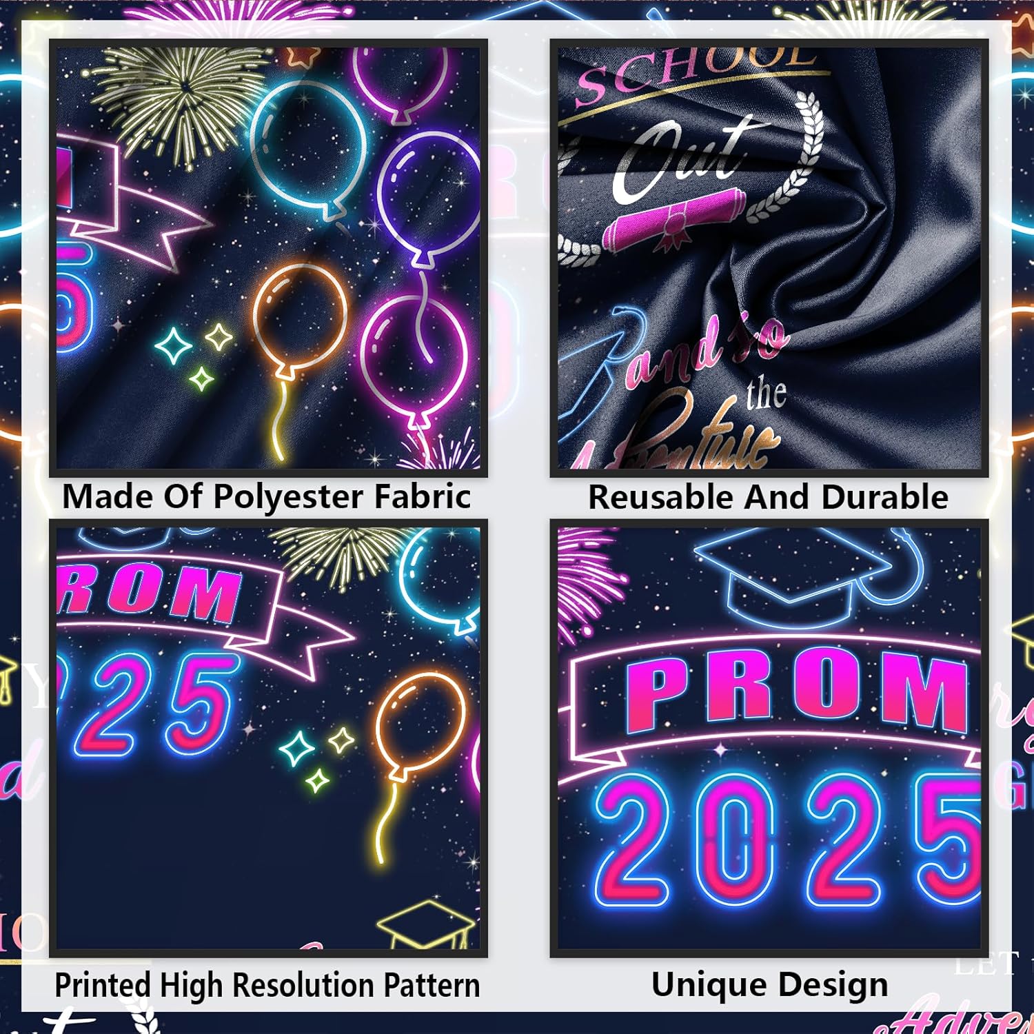 Neon Prom 2025 Banner Decorations for Graduation Party