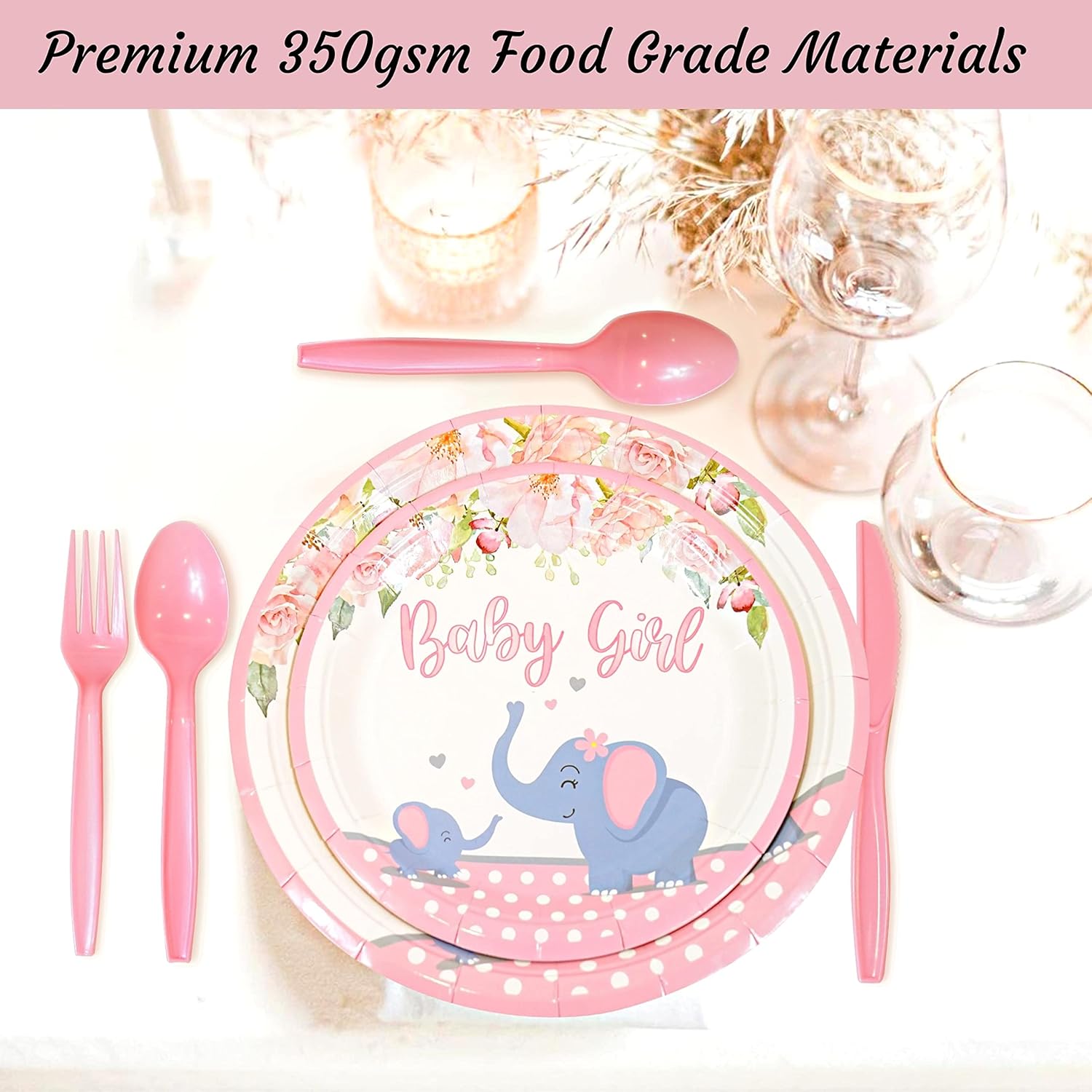 201 Pc Pink Elephant Baby Shower Decorations Set Serves 25