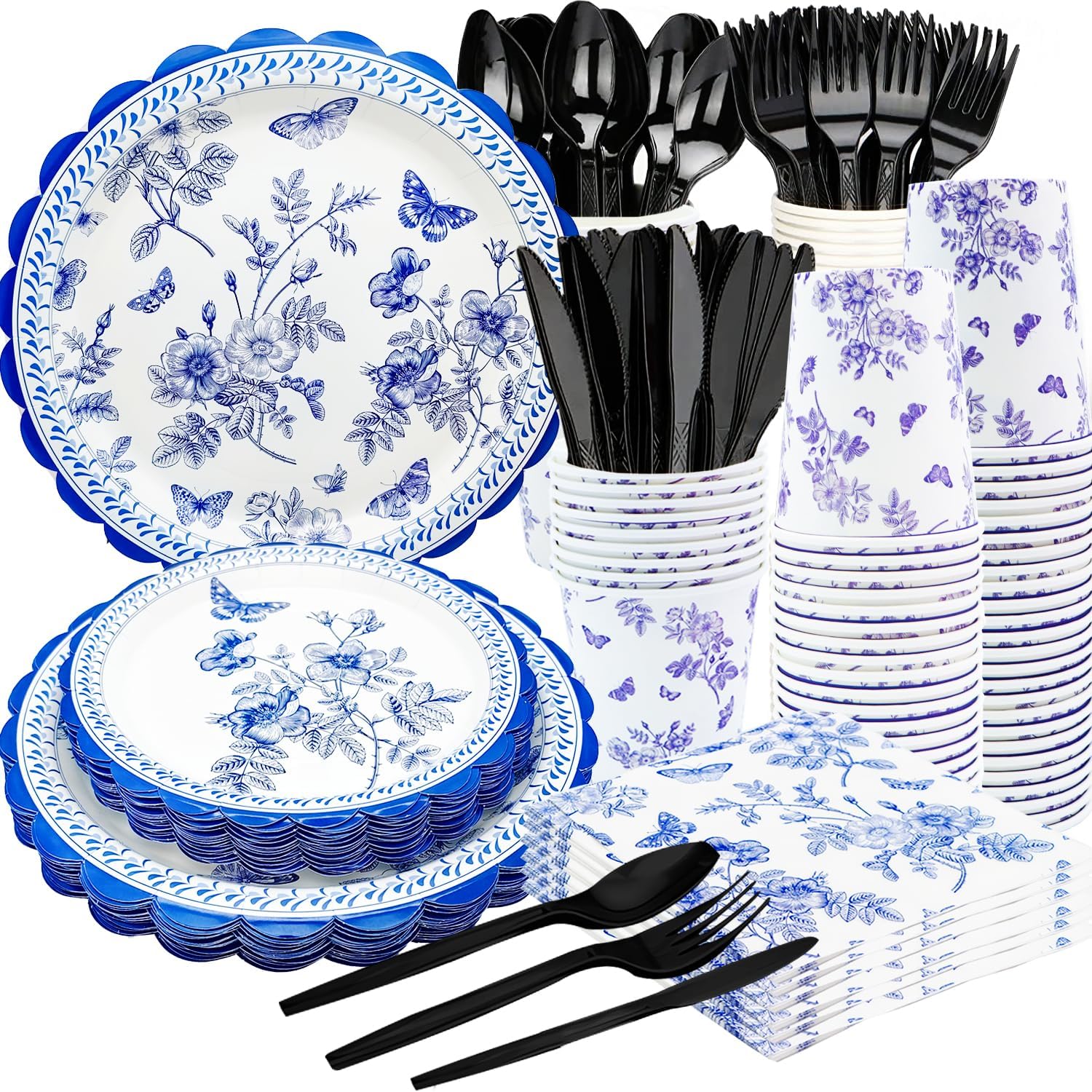 175Pcs Blue Floral Party Supplies for 25 Guests