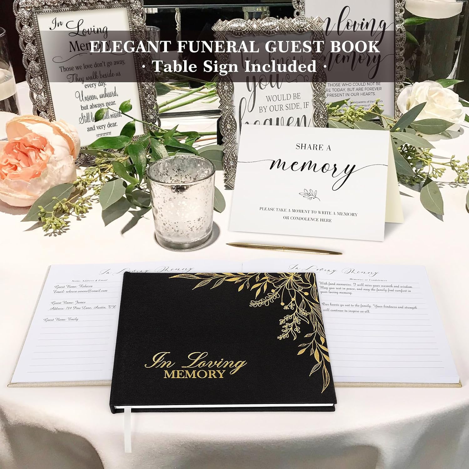 Lanpn Blue Linen Funeral Guest Book with Memory Table Sign