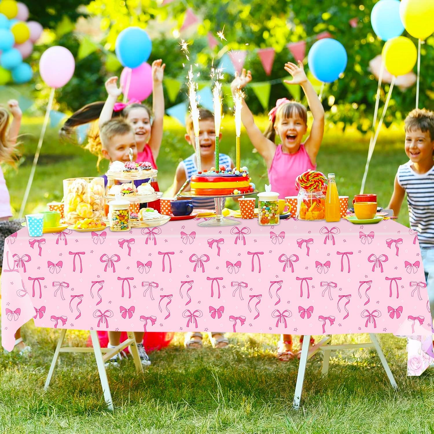 3pcs Pink Bow Tablecloth for Birthday Baby Shower Decorations