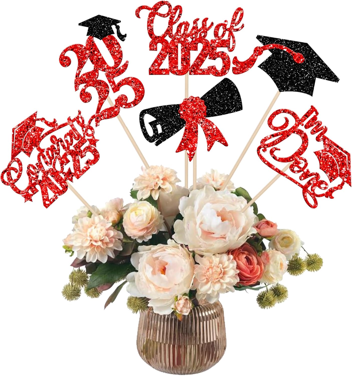 2025 Graduation Cap Centerpiece Sticks with Red Glitter