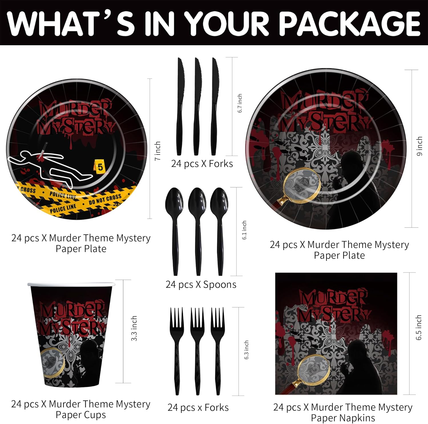 Murder Mystery Party Tableware Set for 24 Guests
