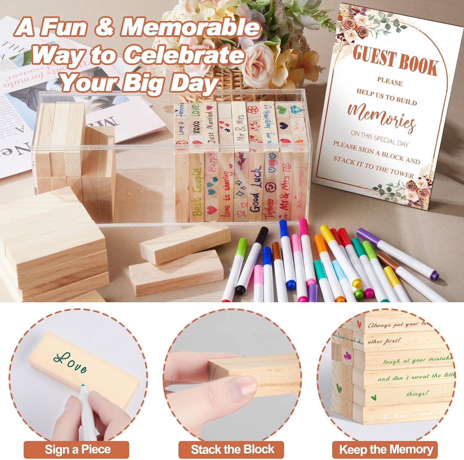 Beeveer 80 Pcs Wooden Block Guest Book Set for Wedding Sign In