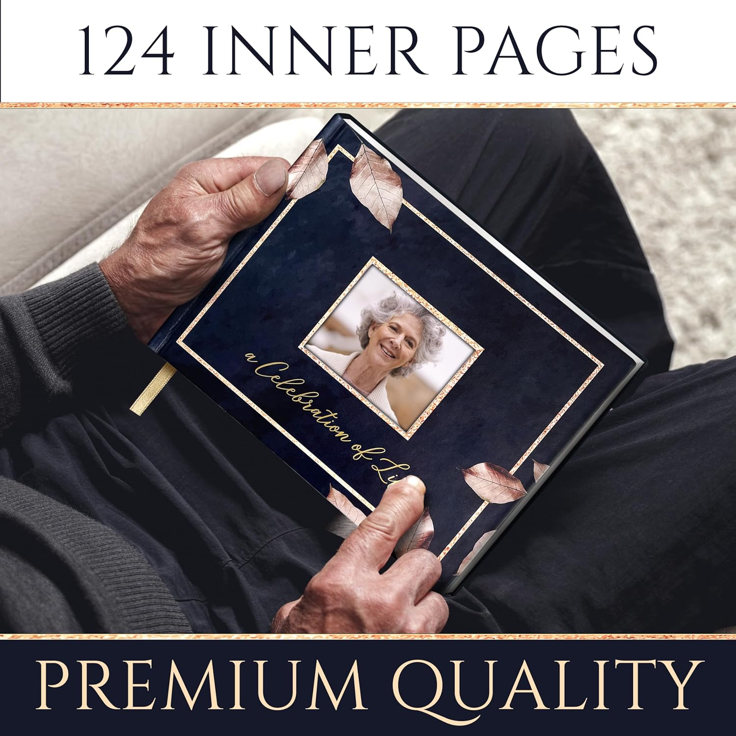 Elegant Funeral Guest Book with Photo Pocket and Rose Gold Design