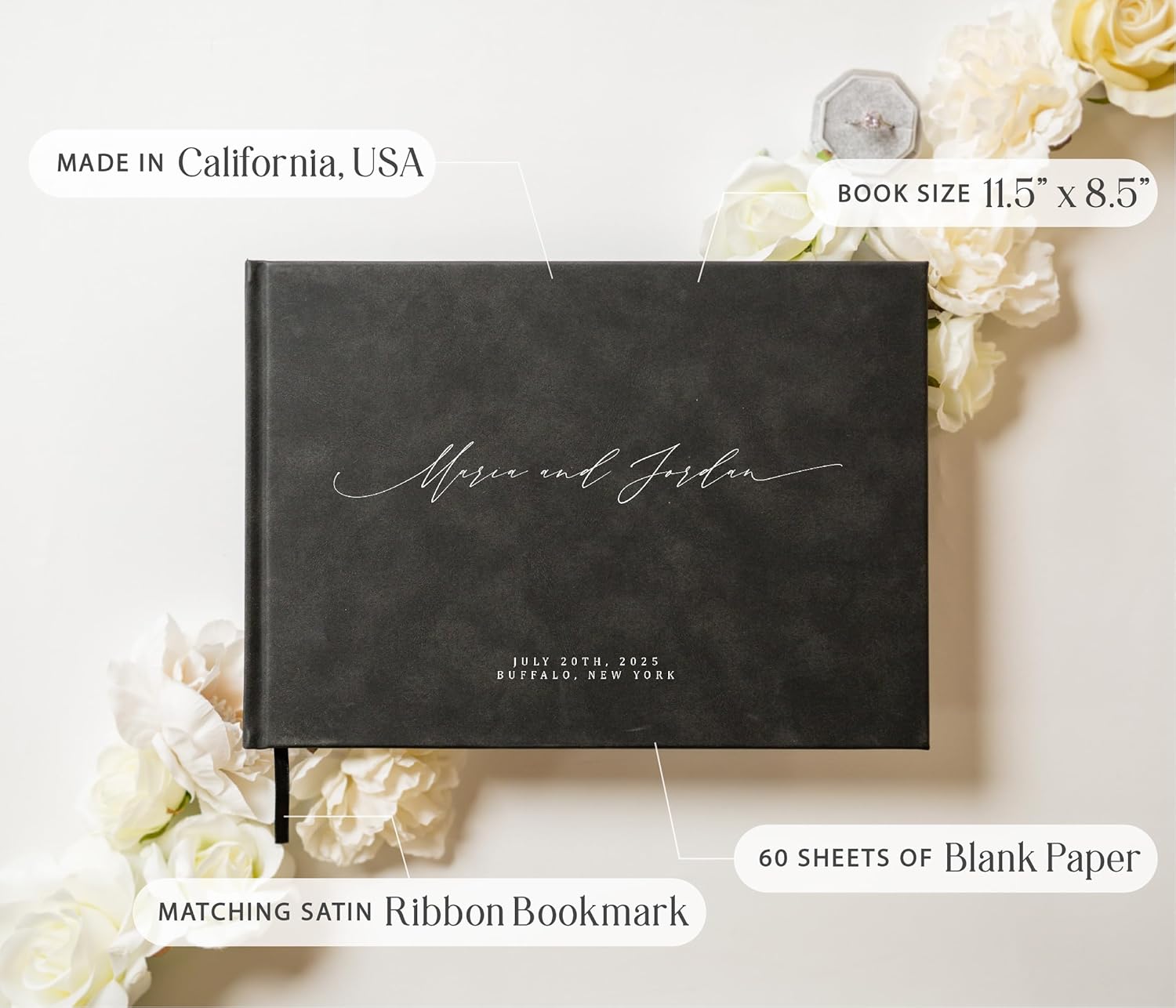 MUUJEE Personalized Guestbook - Charcoal Hard Cover with Bookmark