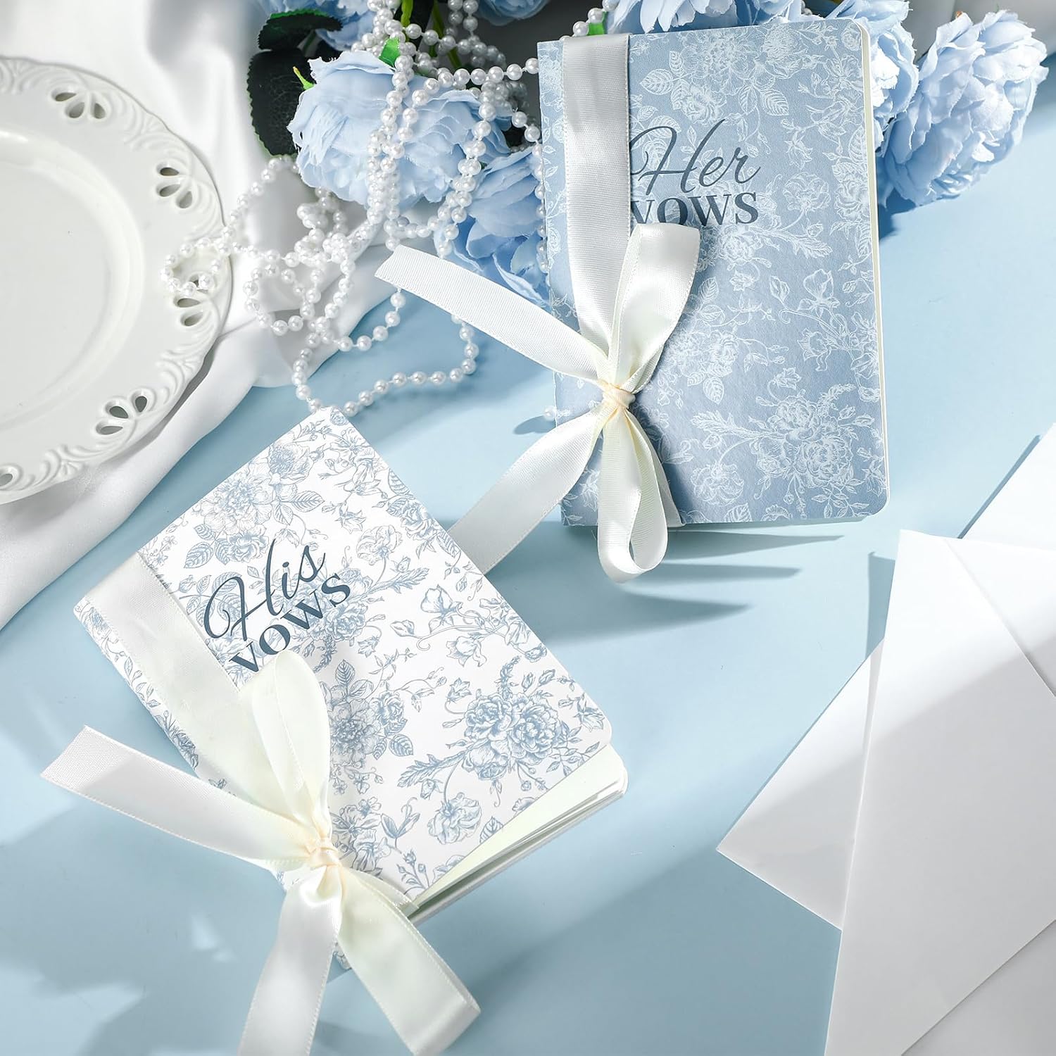 2 Pcs Blue His and Hers Vow Books with Ribbon Bow