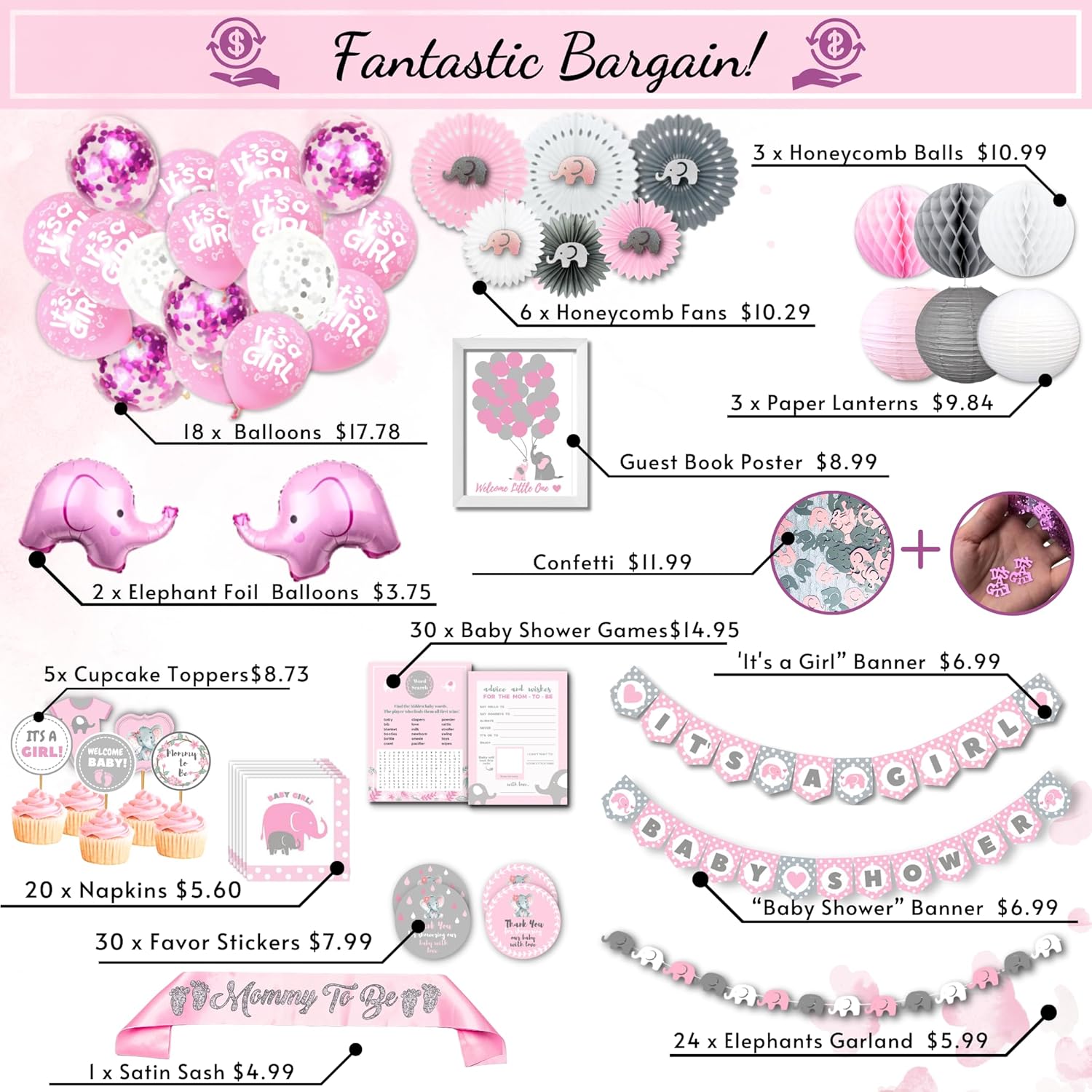 RainMeadow 697 PC Premium Elephant Baby Shower Decor Set