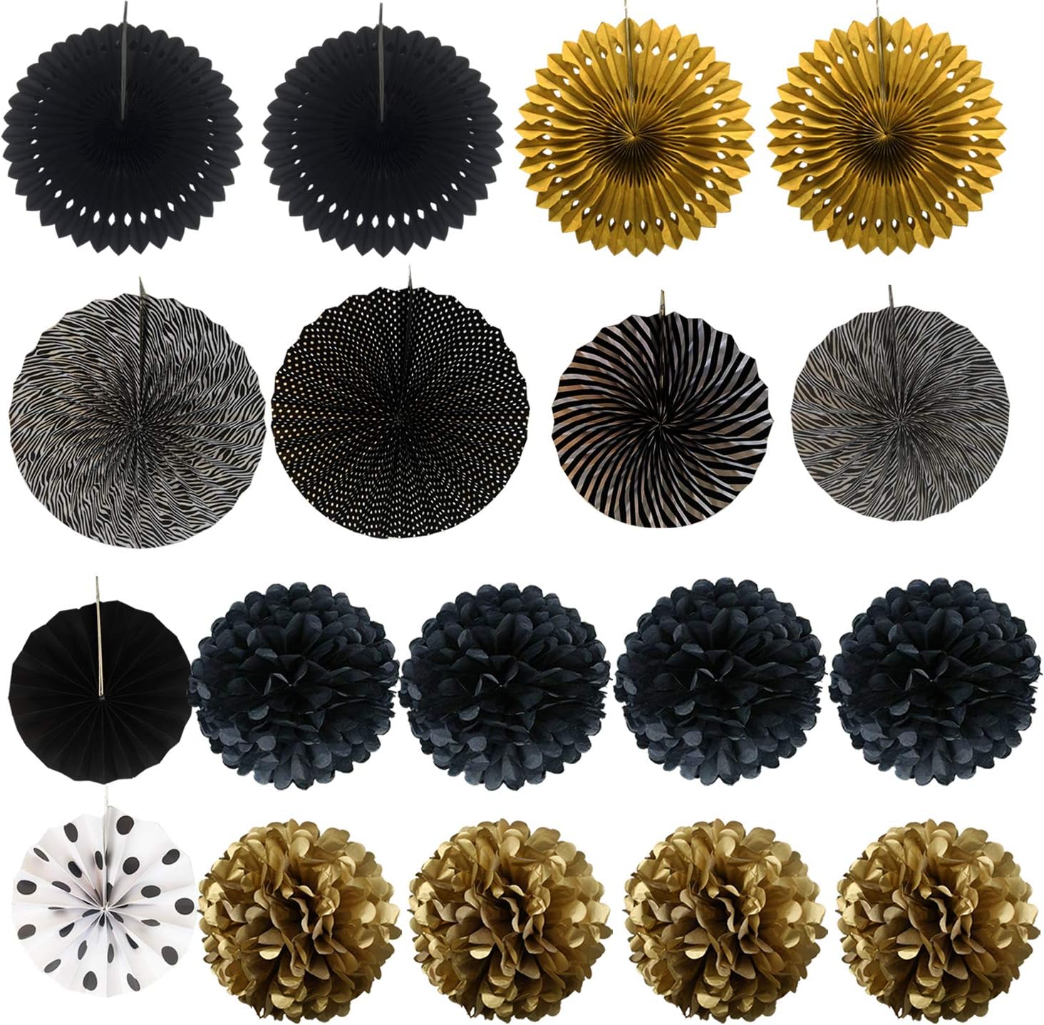 ZERODECO Black and Gold Party Decor Fans and Banners