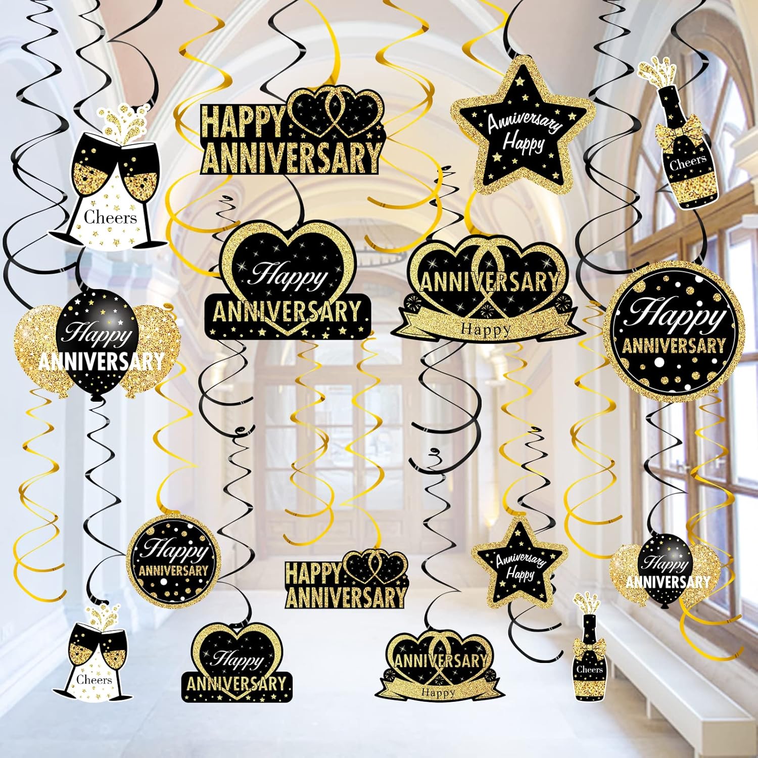 16Pcs Black Gold Happy Wedding Anniversary Hanging Swirls Decorations