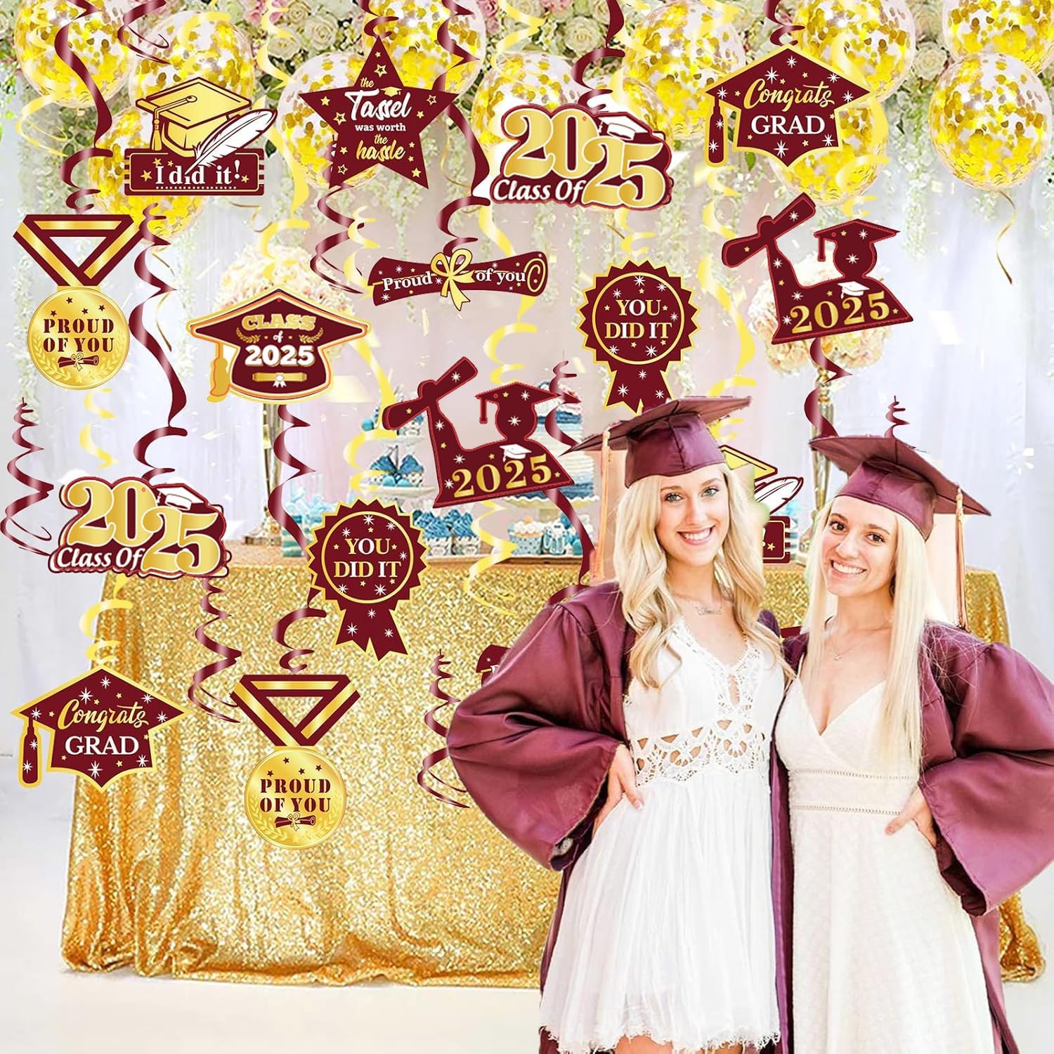 2025 Graduation Party Maroon Gold Decorations 30pcs
