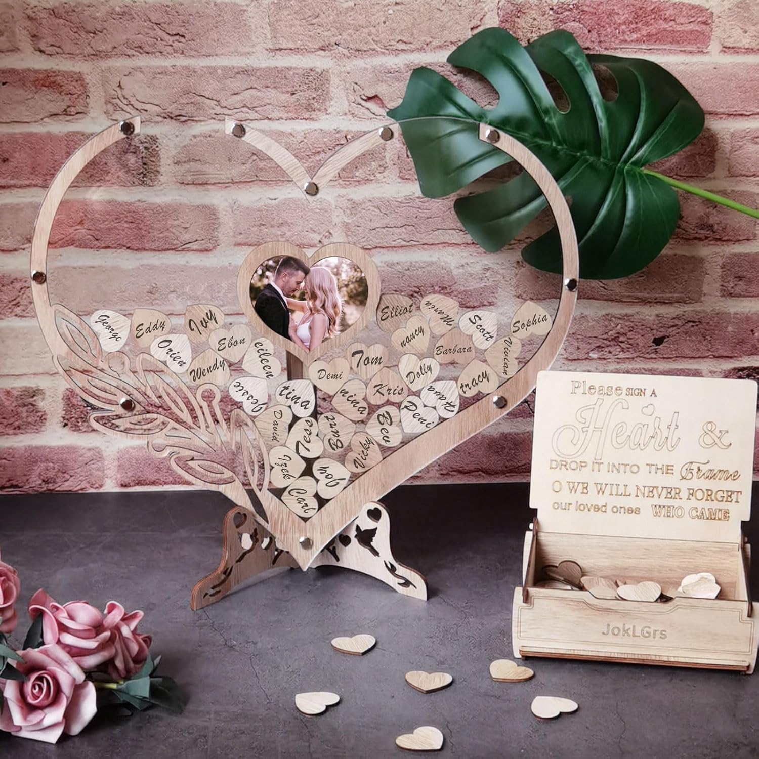 Heart Wedding Guest Book Alternative with 100 Wooden Hearts and Drop Box