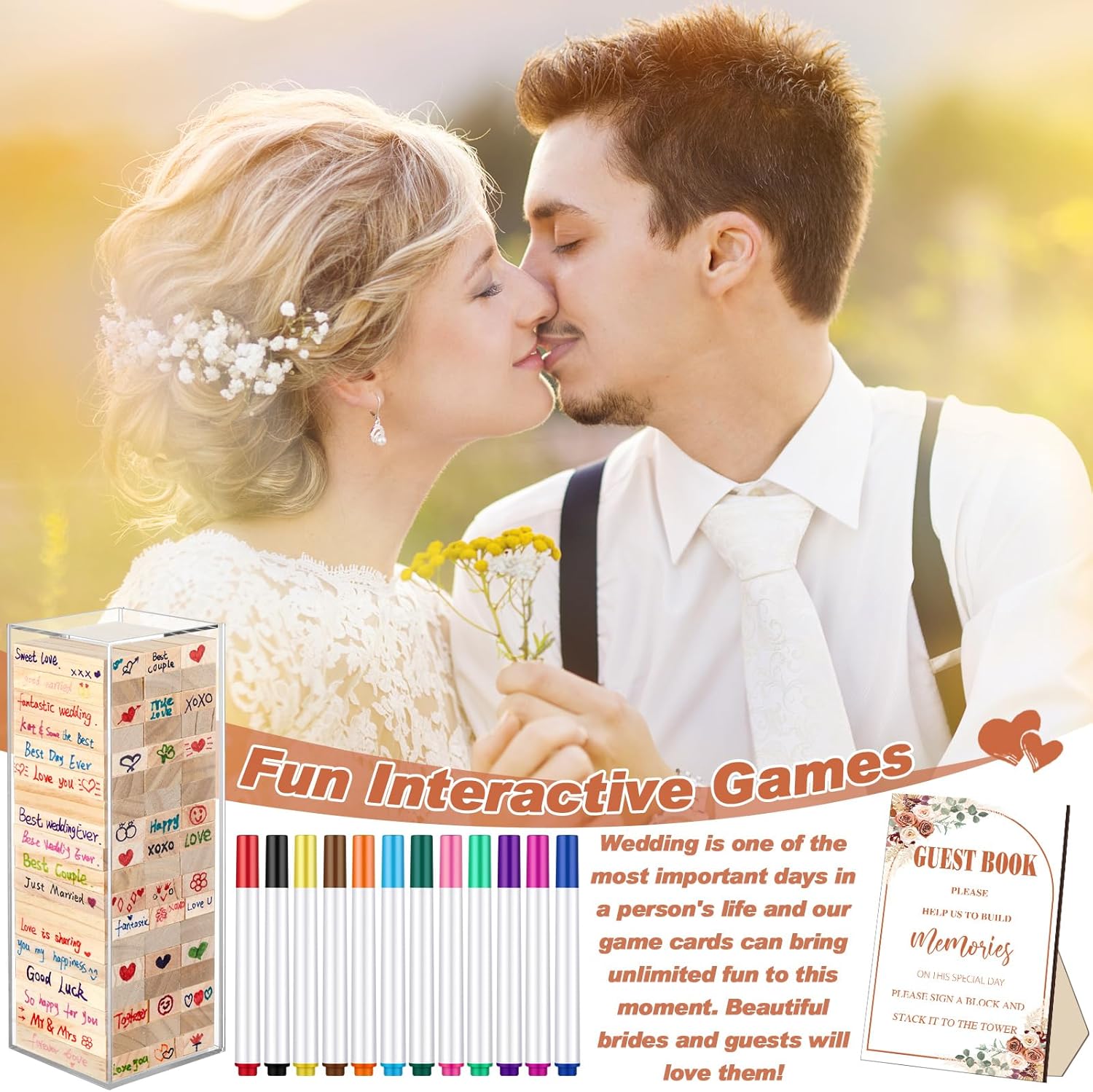 Beeveer 80 Pcs Wooden Block Guest Book Set for Wedding Sign In