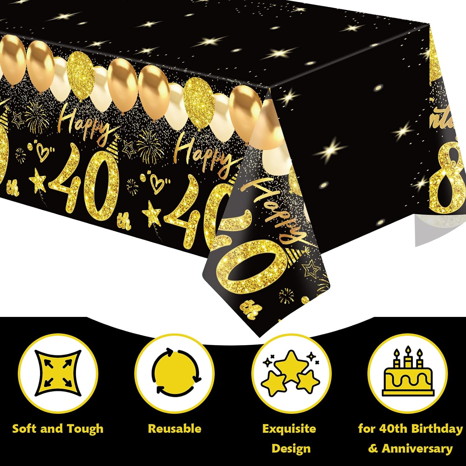 2pcs Black Gold 40th Birthday Tablecloth Decorations