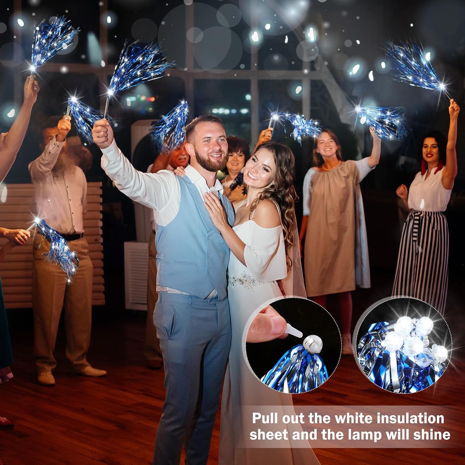 24 Pcs Lighted Wedding Wands LED Blue Silver Tinsel