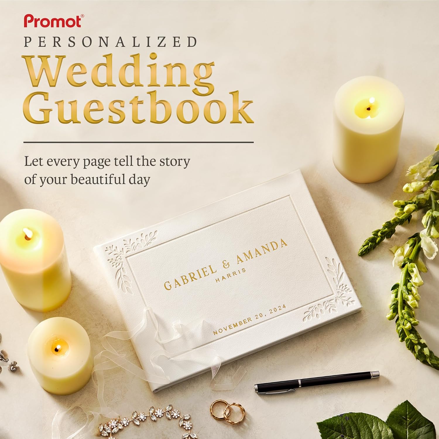 Promot Personalized Wedding Guest Book with Gold Foil