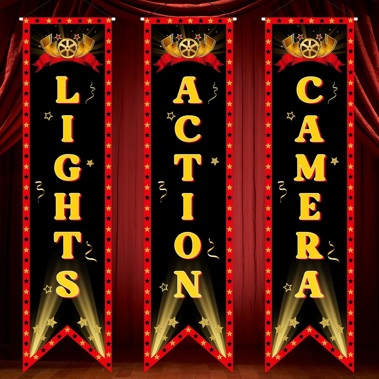 Movie Night Hollywood Banner with Lights Camera Action