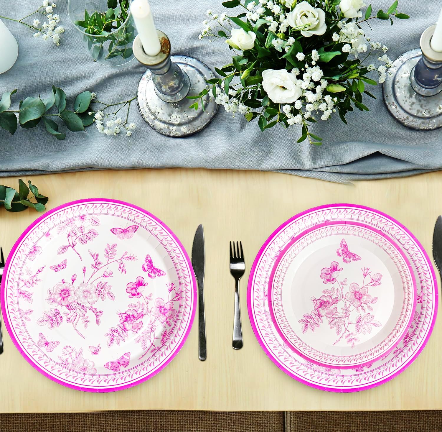 100 Pcs Pink White Floral Party Set for 25 Guests