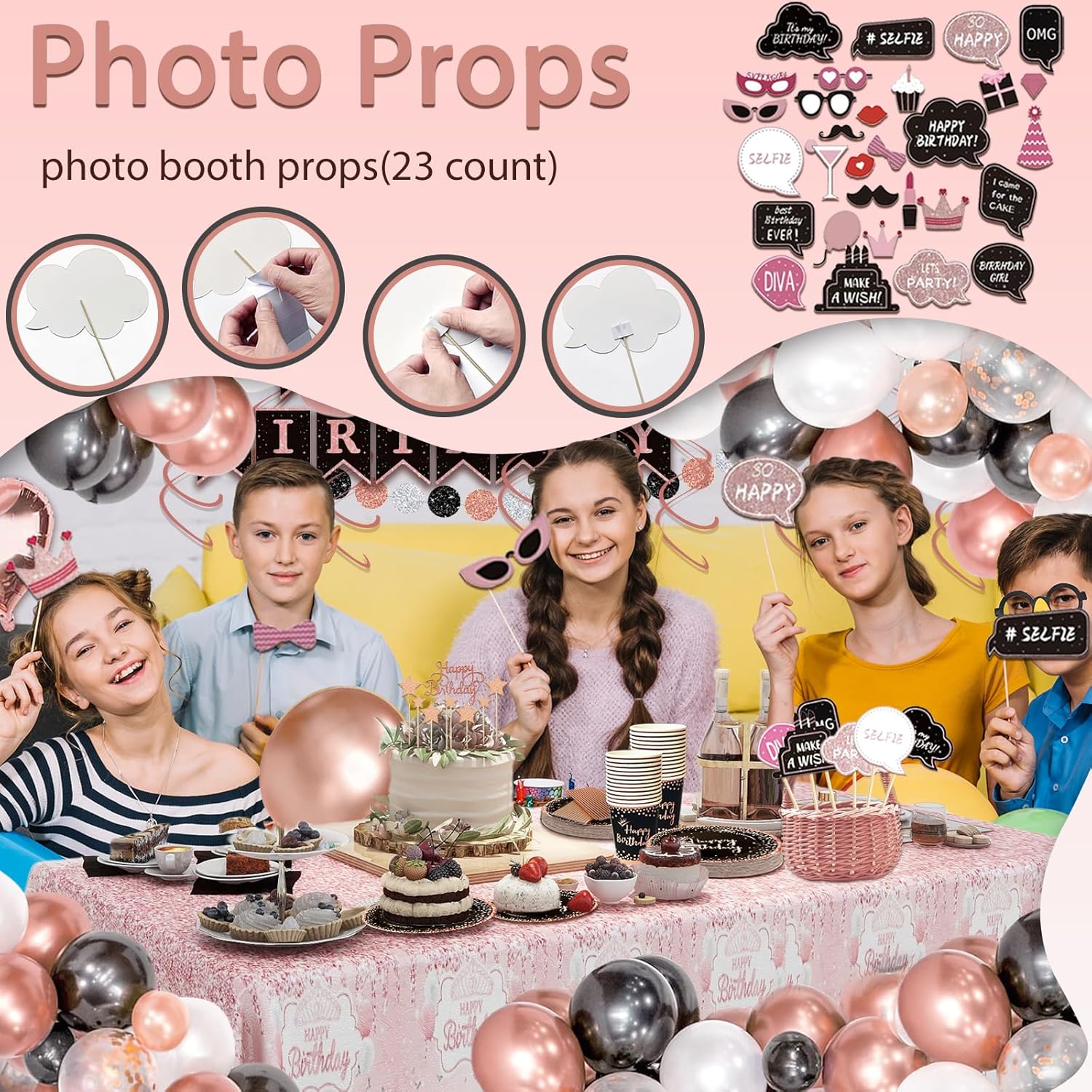 207 Pcs Rose Gold Black Birthday Decorations for Women
