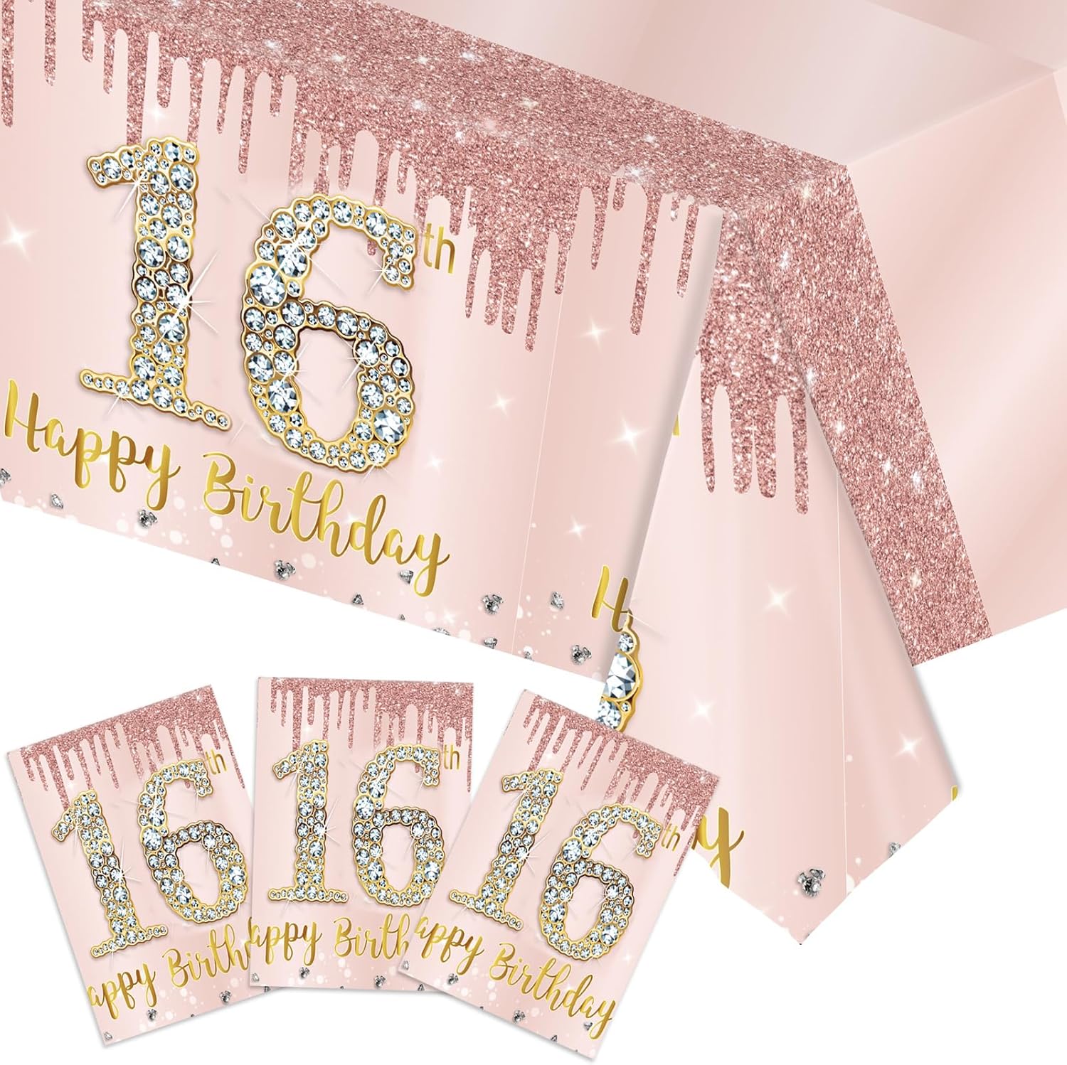 Sweet Rose Gold 3 Pack 16th Birthday Tablecloths