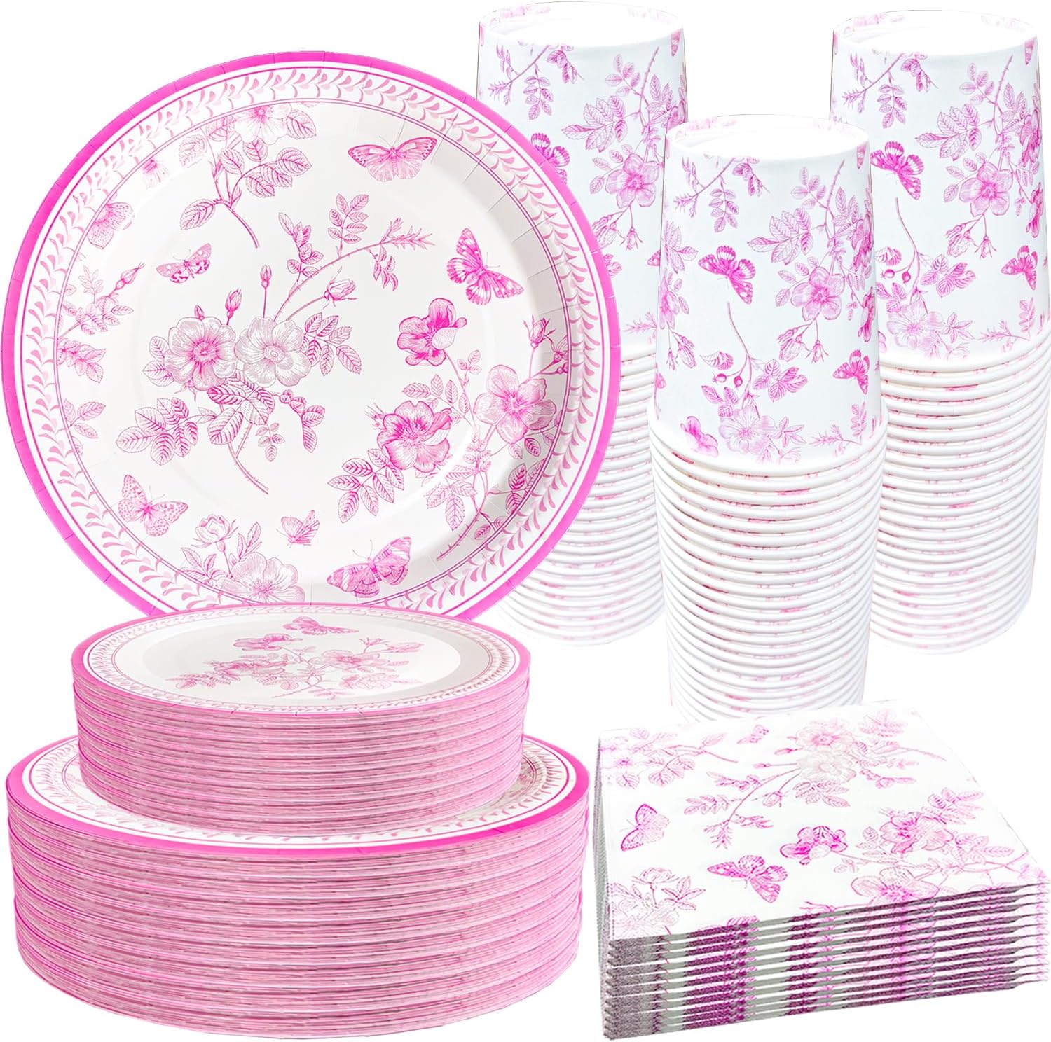100 Pcs Pink White Floral Party Set for 25 Guests