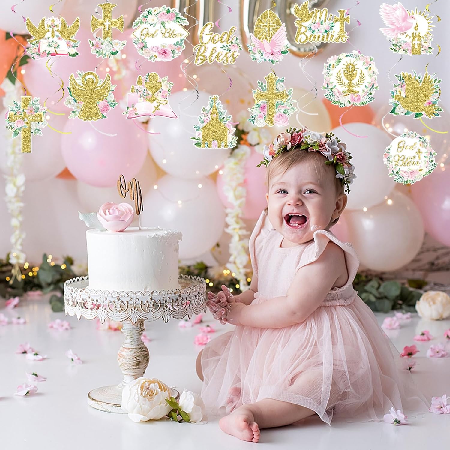 36 Pcs Pink Floral Cross Hanging Streamers Decor Set