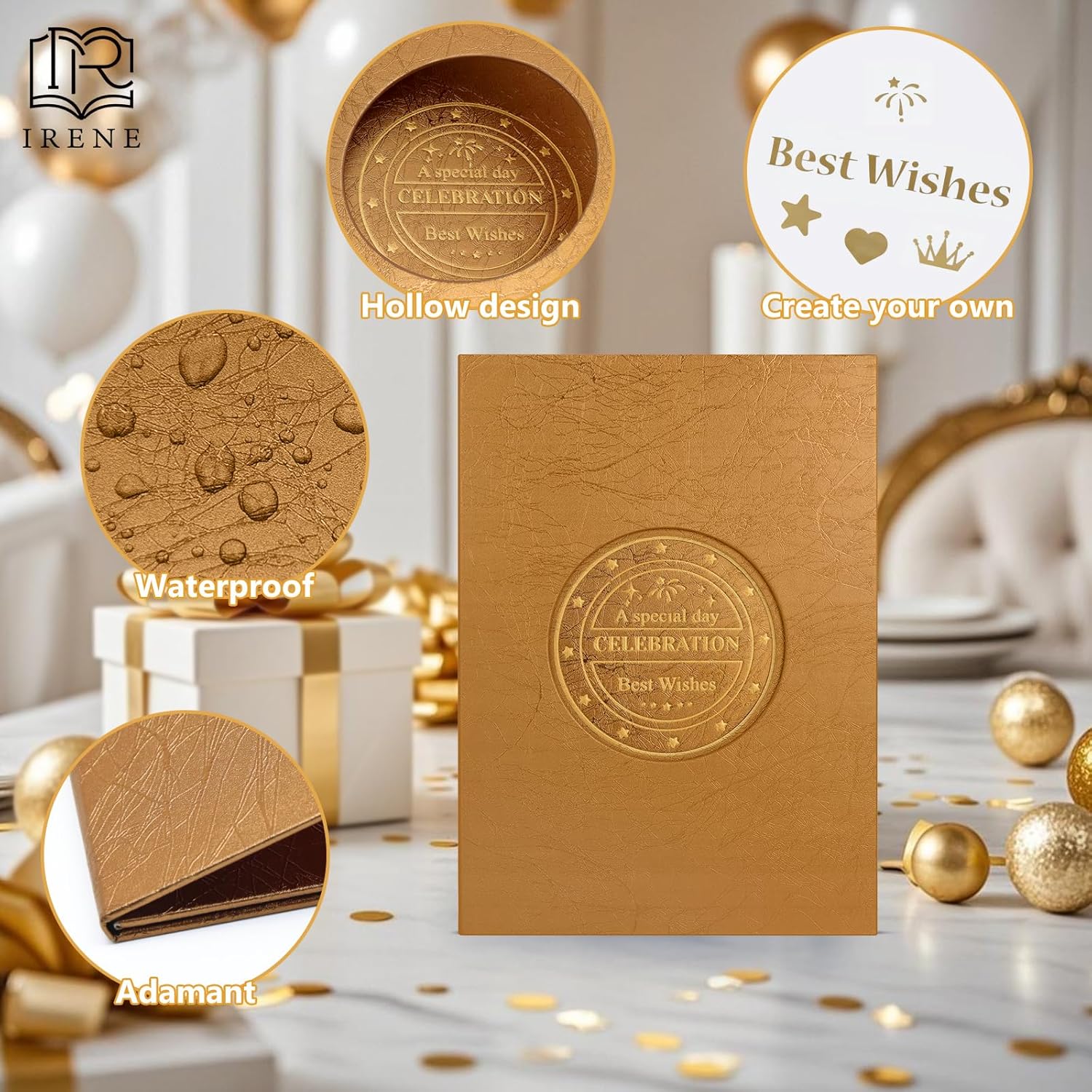 Irene Dark Gold Guest Book with Stickers for Parties