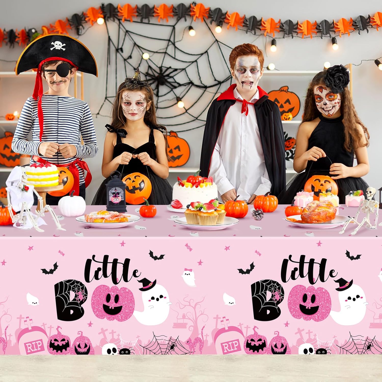 Sliner 3 Pack Pink Halloween Tablecloths - Little Boo Party Covers 108x54 Inch
