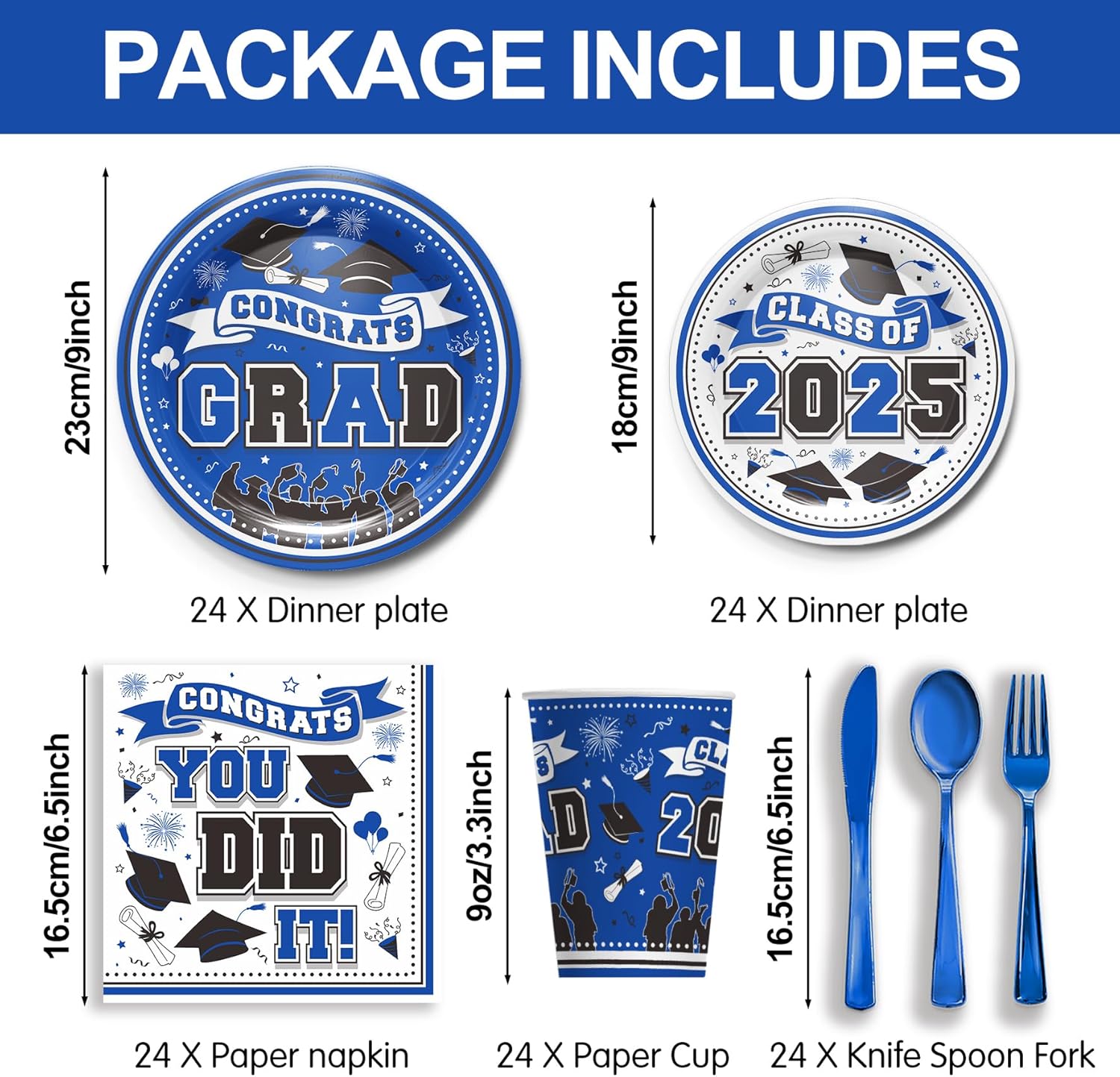 Graduation 2025 Blue Themed Party Tableware Set for 24 Guests