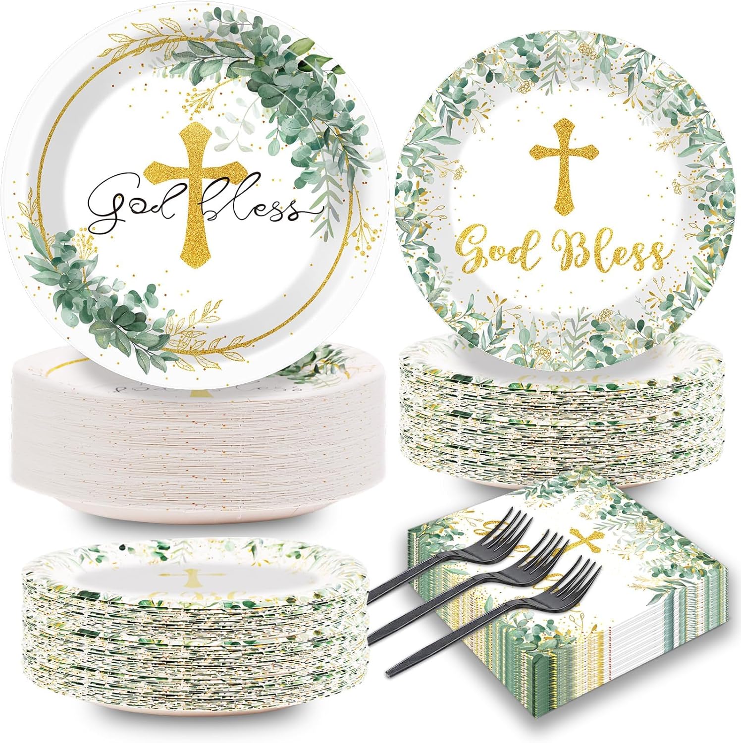 200Pcs God Bless Baptism Plates Napkins Tableware Set for 50 Guests