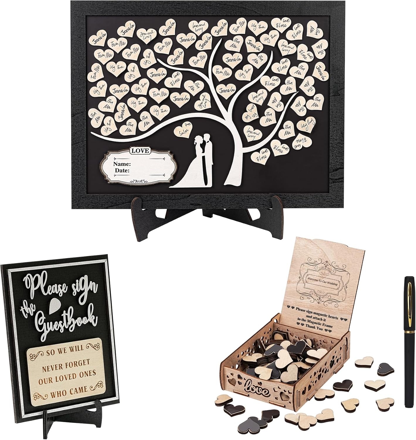 Wedding Guest Book Frame with Stand and 70 Wooden Hearts