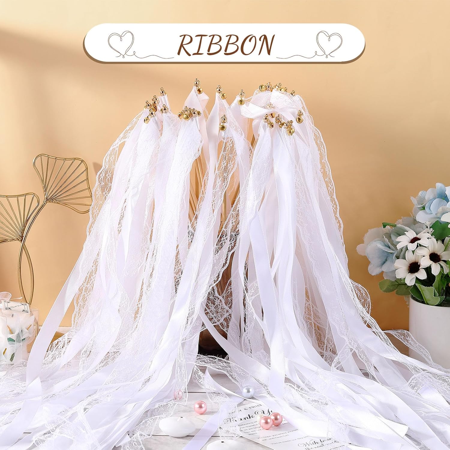 150 Pcs White Lace Ribbon Stick Wands for Wedding and Party